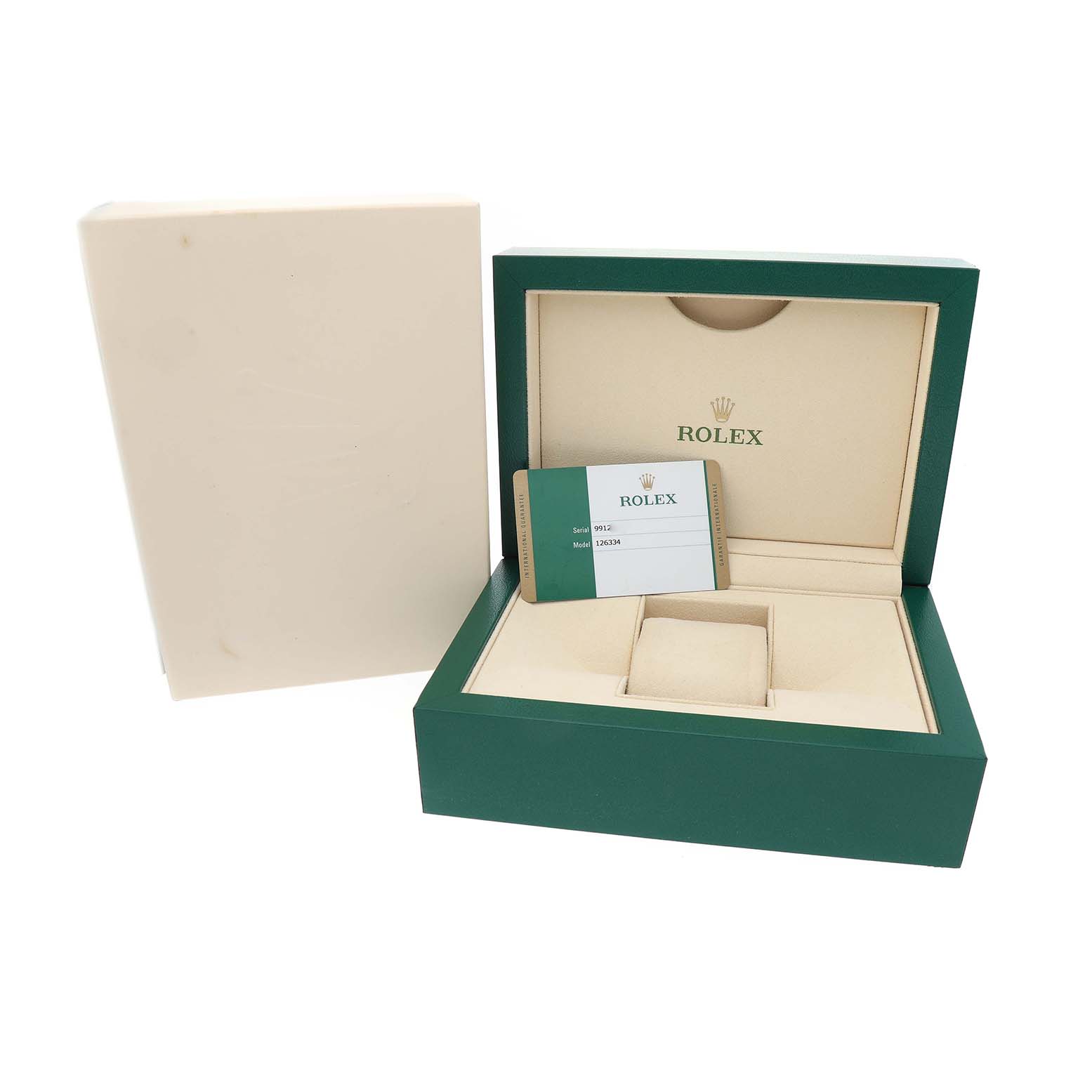 The image shows the open green box and warranty card for a Rolex Datejust 41 126334 Men's Stainless Steel Blue Dial, viewed from the front.