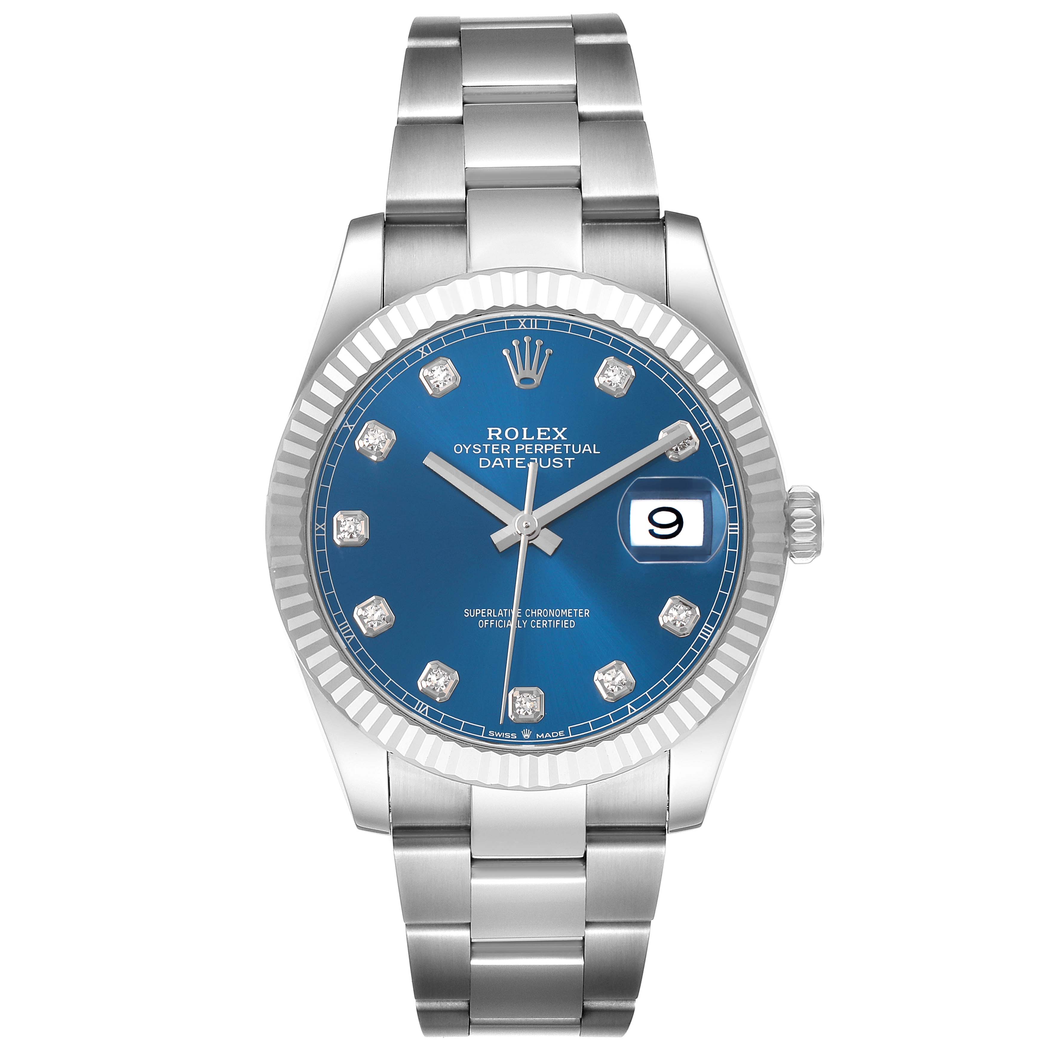 The Rolex Datejust 41 126334 Men's Stainless Steel Blue Dial is shown from the front, highlighting its blue dial, fluted bezel, and oyster bracelet.