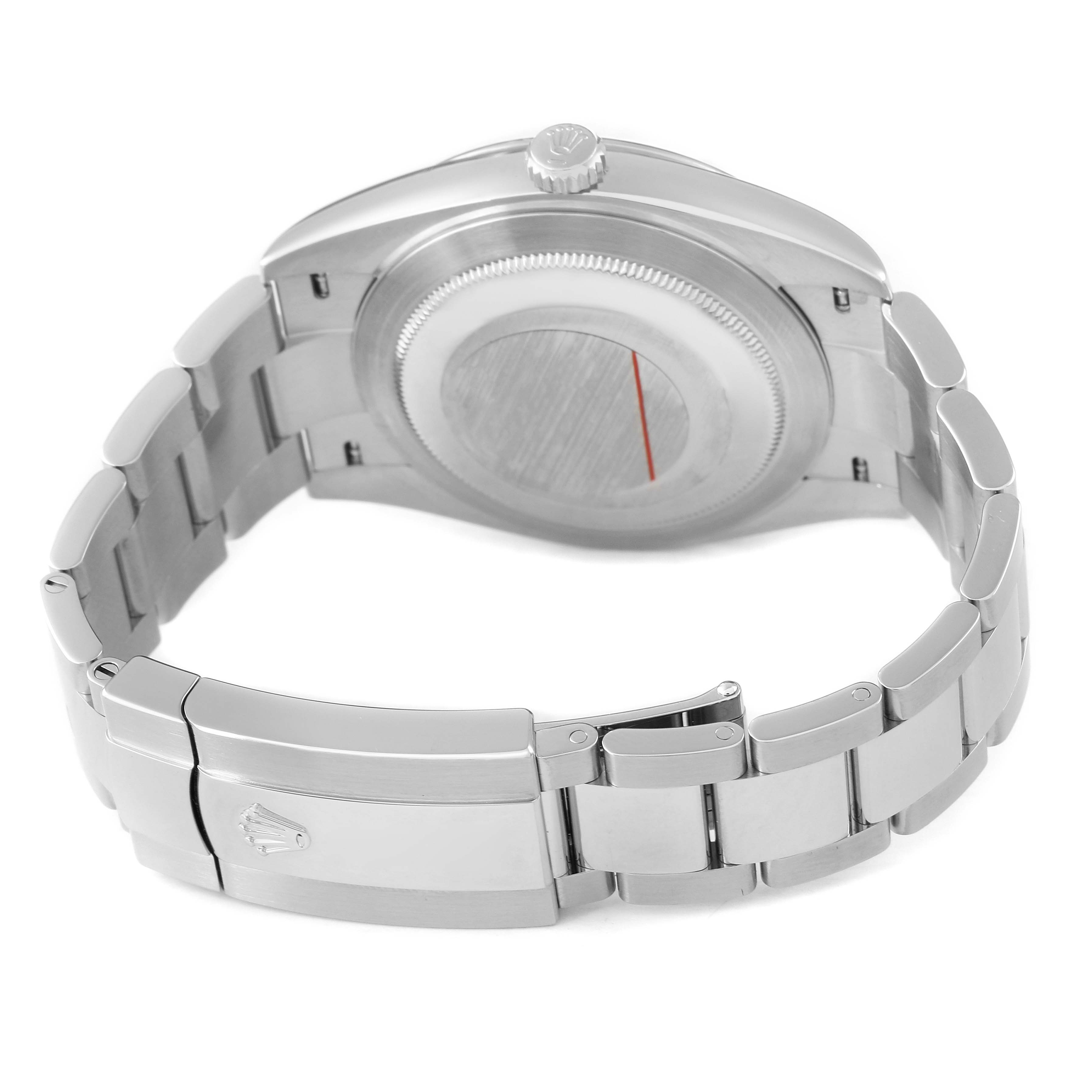 The image shows the back view of a Rolex Datejust 41 126334 Men's Stainless Steel Blue Dial, highlighting the case back, bracelet, and clasp.