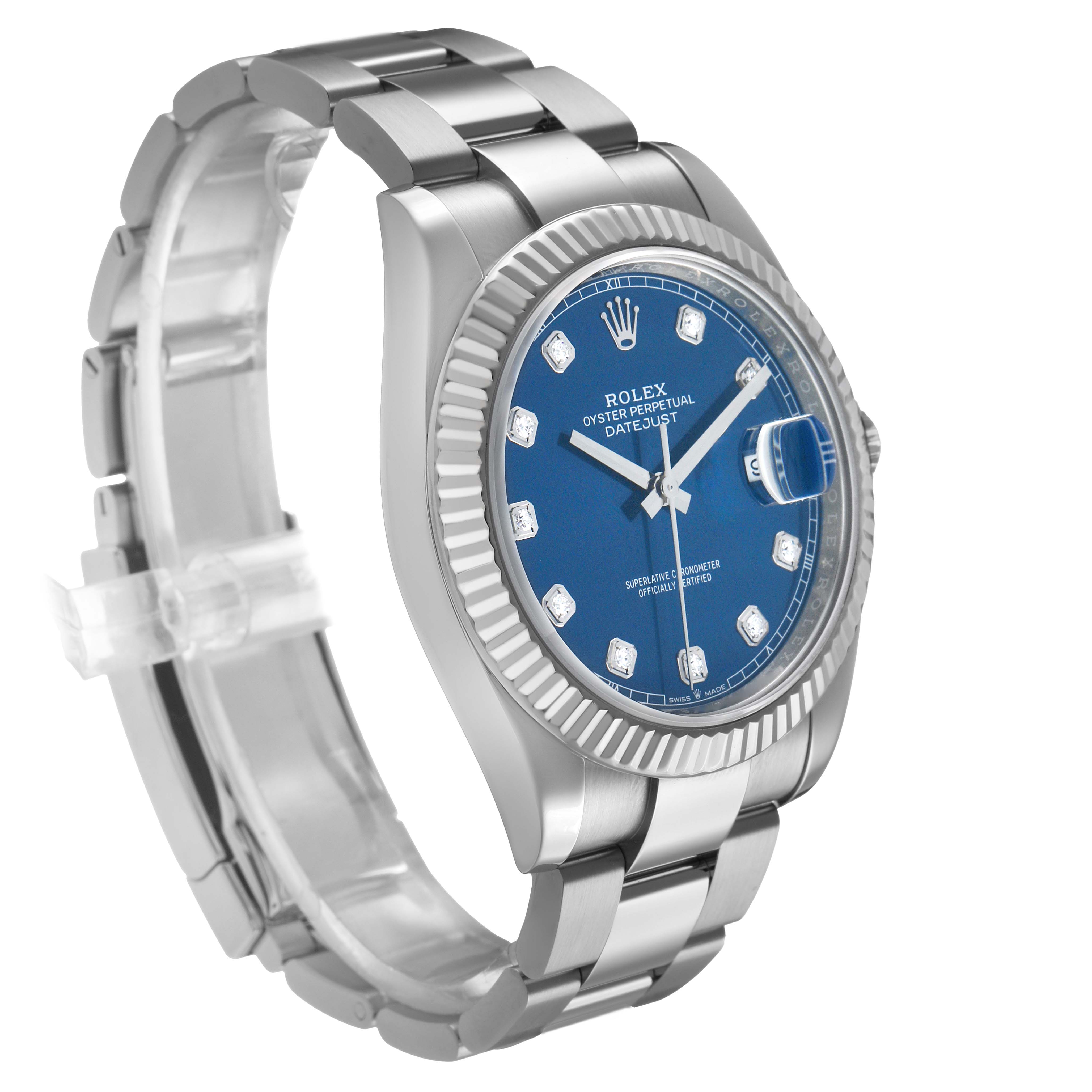 The Rolex Datejust 41 126334 Men's Stainless Steel Blue Dial is shown at a side angle, highlighting its blue dial, fluted bezel, and stainless steel bracelet.