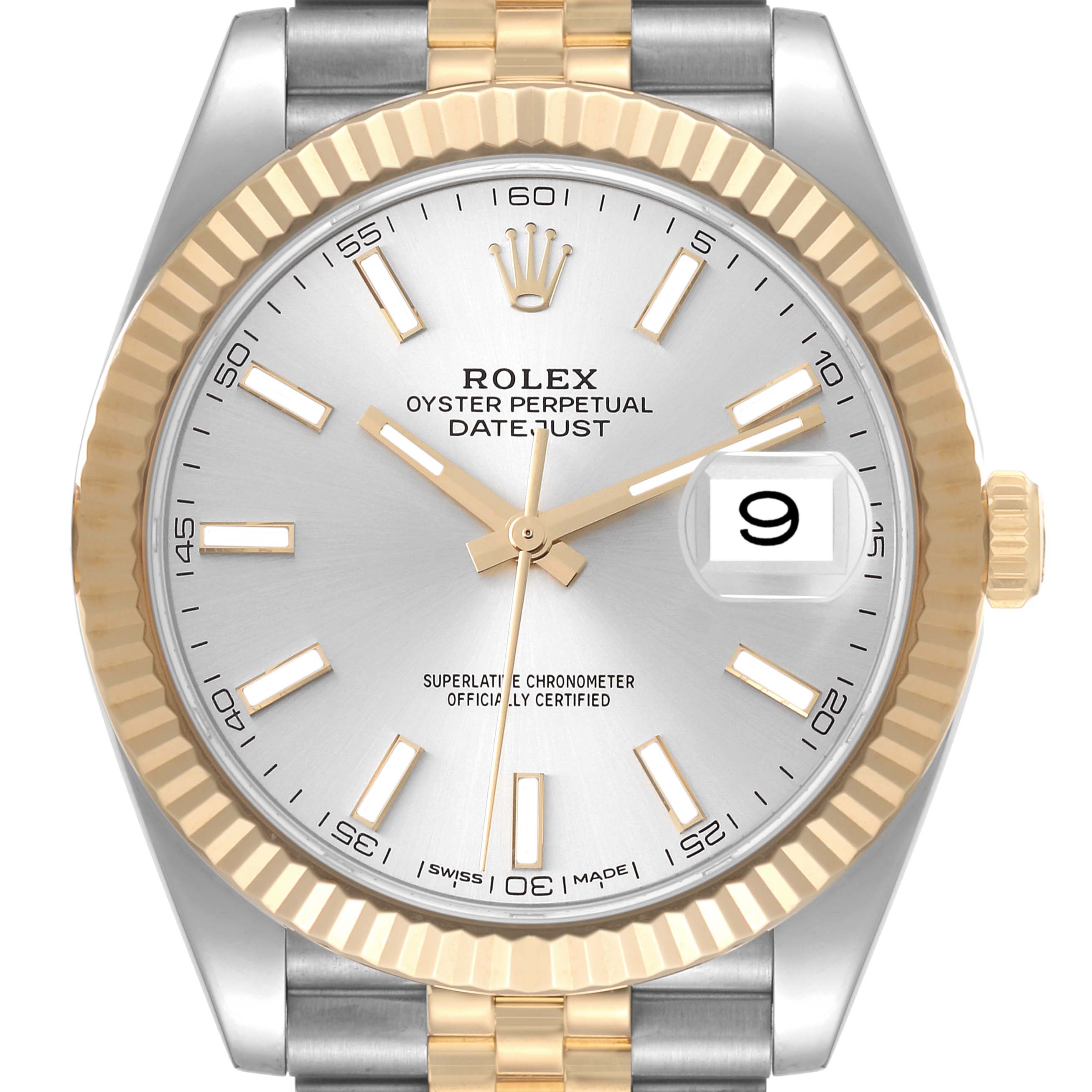 The image shows a frontal view of a Rolex Datejust 41 126333 Men's Steel and Gold (two tone) Silver Dial 126333 Men's Steel and Gold (two tone) Silver Dial watch, highlighting the dial, bezel, hands, and date window.