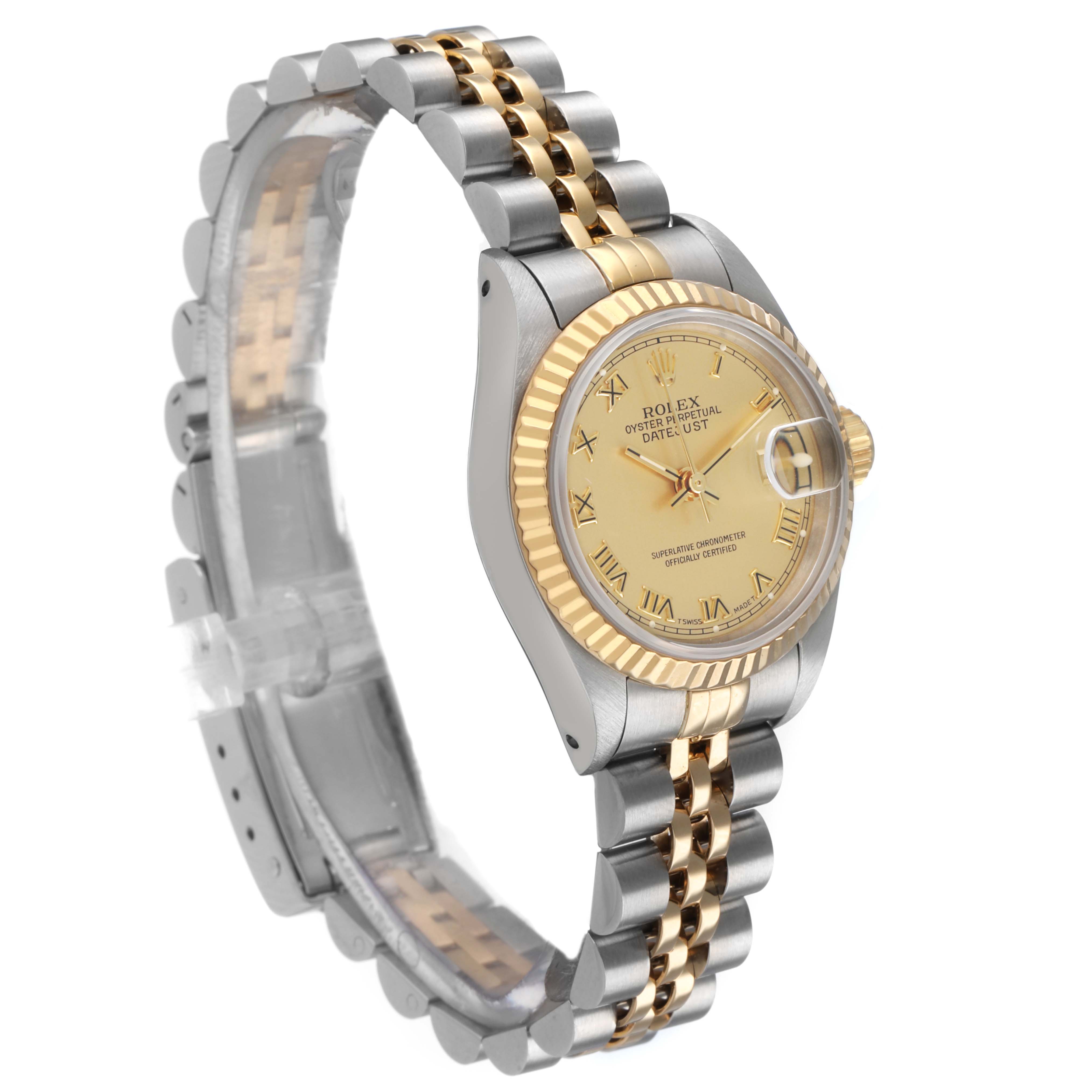 The Rolex Datejust 69173 Women's Steel and Gold (two tone) Champagne Dial watch is shown at an angle showcasing the bezel, dial, and two-tone bracelet.