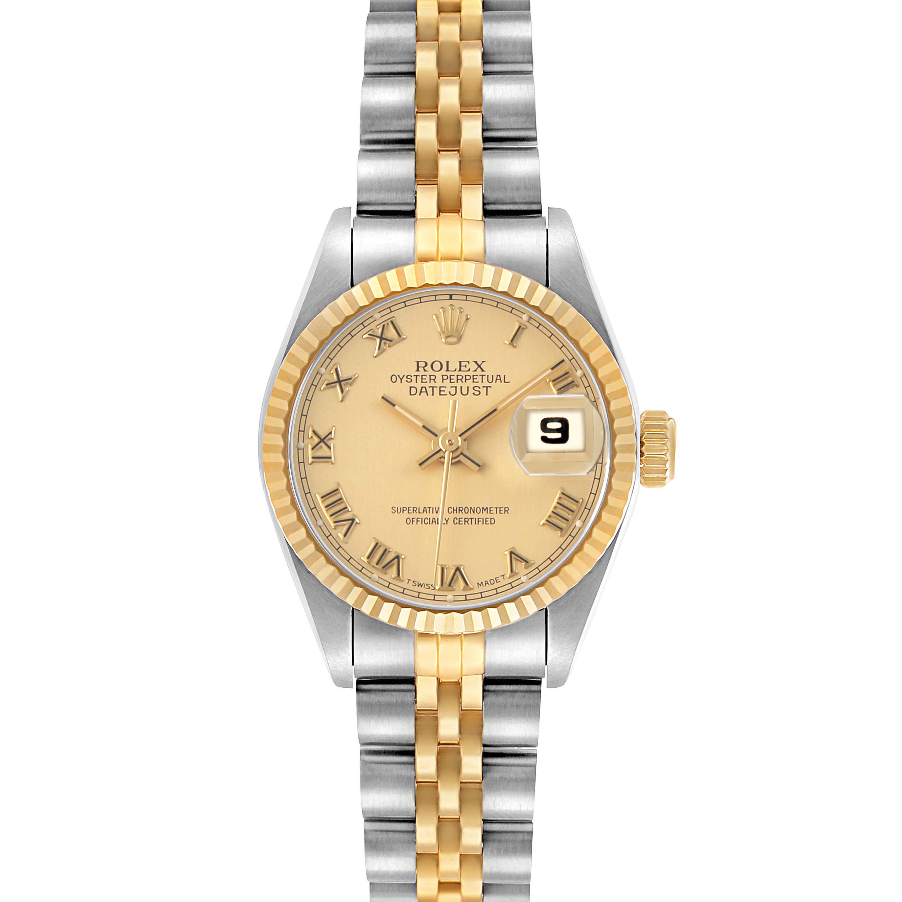 The Rolex Datejust 69173 Women's Steel and Gold (two tone) Champagne Dial watch is shown from a top-down angle, displaying the dial, fluted bezel, and two-tone bracelet.