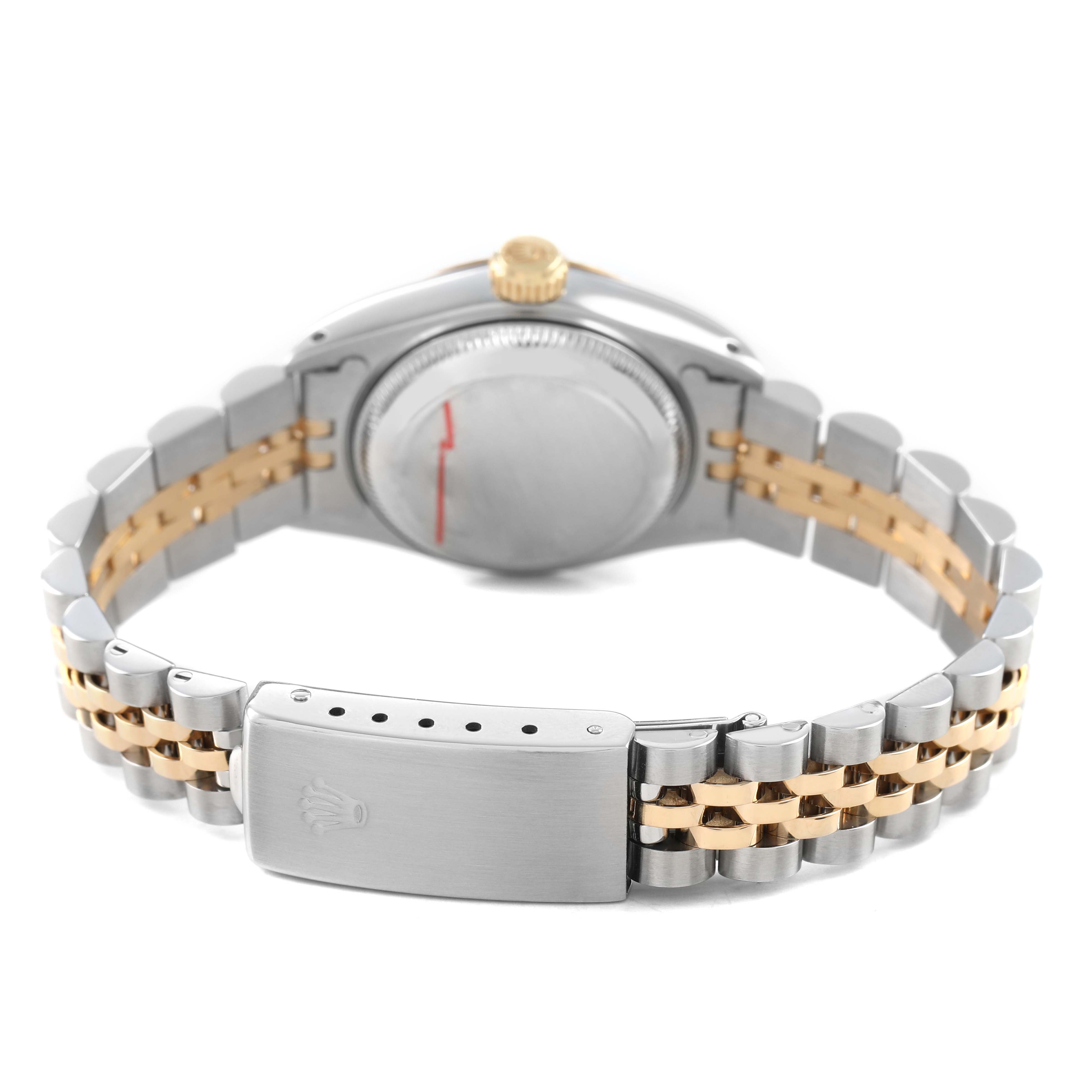 The image shows the back and bracelet of a Rolex Datejust 69173 Women's Steel and Gold (two tone) Champagne Dial watch, highlighting the clasp and two-tone links.