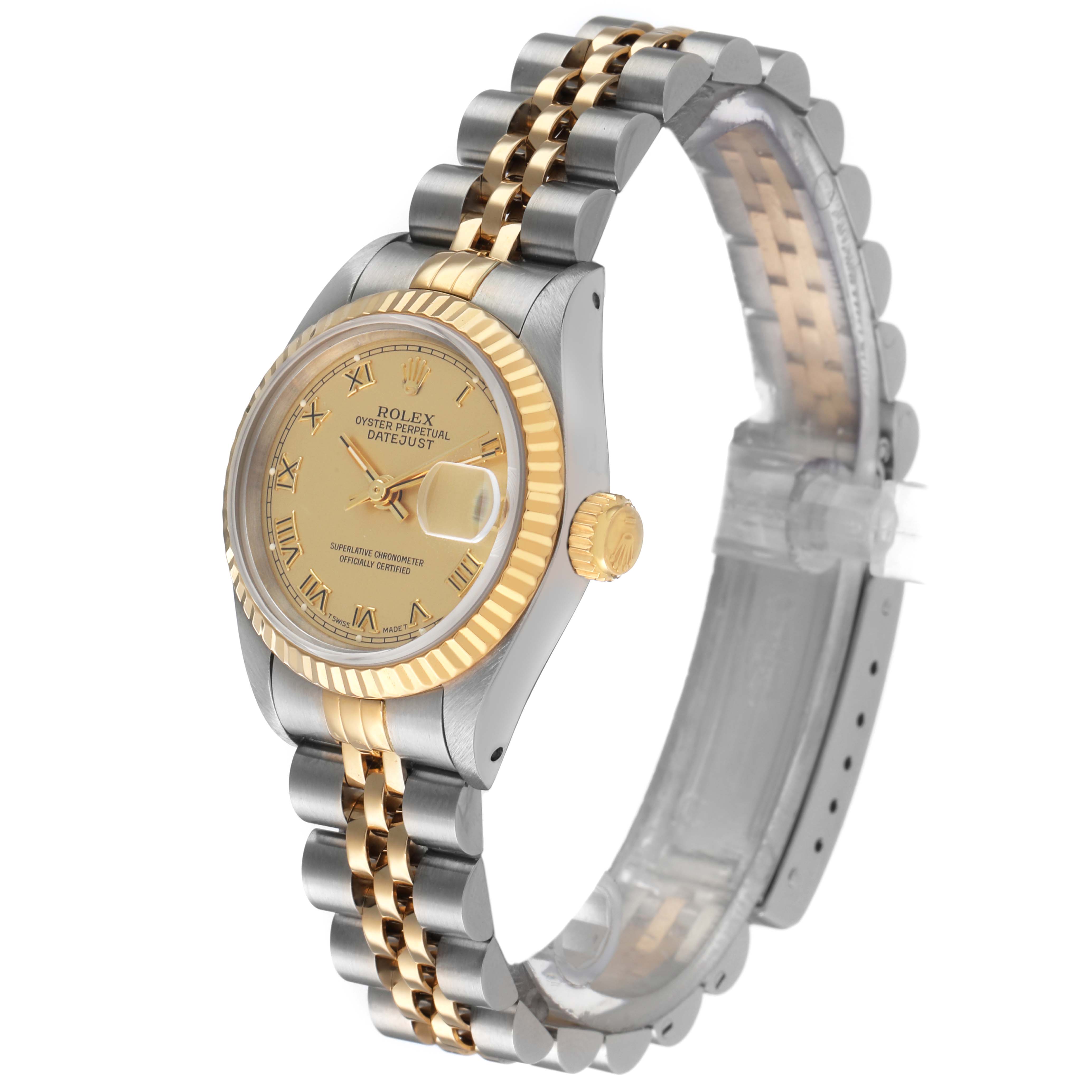 The Rolex Datejust 69173 Women's Steel and Gold (two tone) Champagne Dial watch is shown at a three-quarter angle, highlighting its gold and silver Jubilee bracelet, fluted bezel, and face.