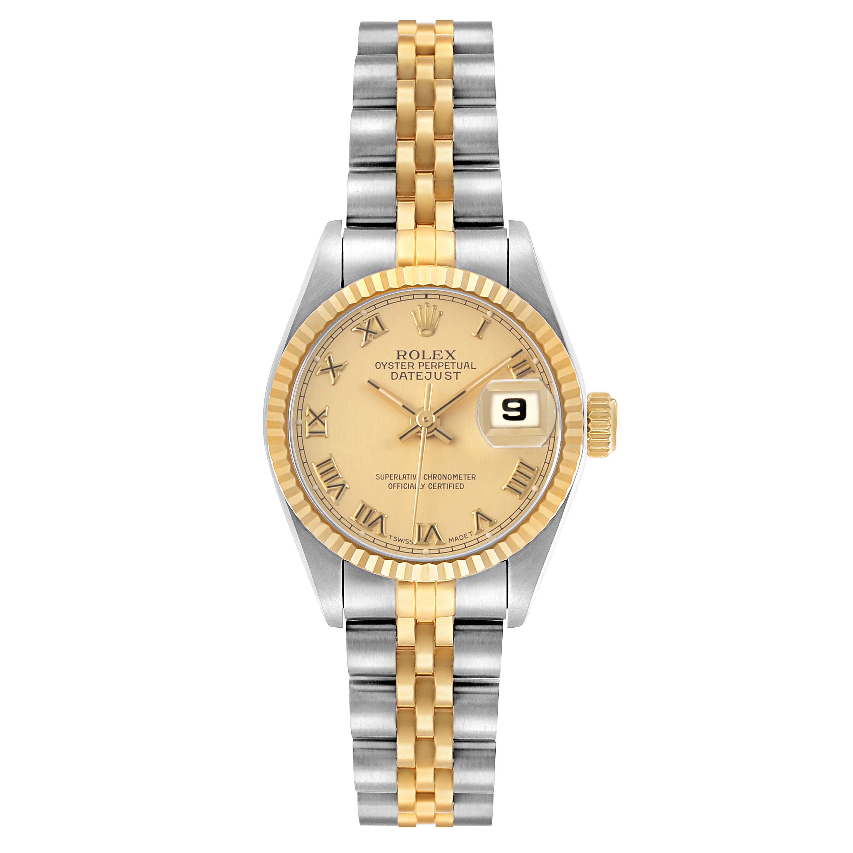 The Rolex Datejust 69173 Women's Steel and Gold (two tone) Champagne Dial watch is shown from the front, featuring its bezel, dial, bracelet, and date display.