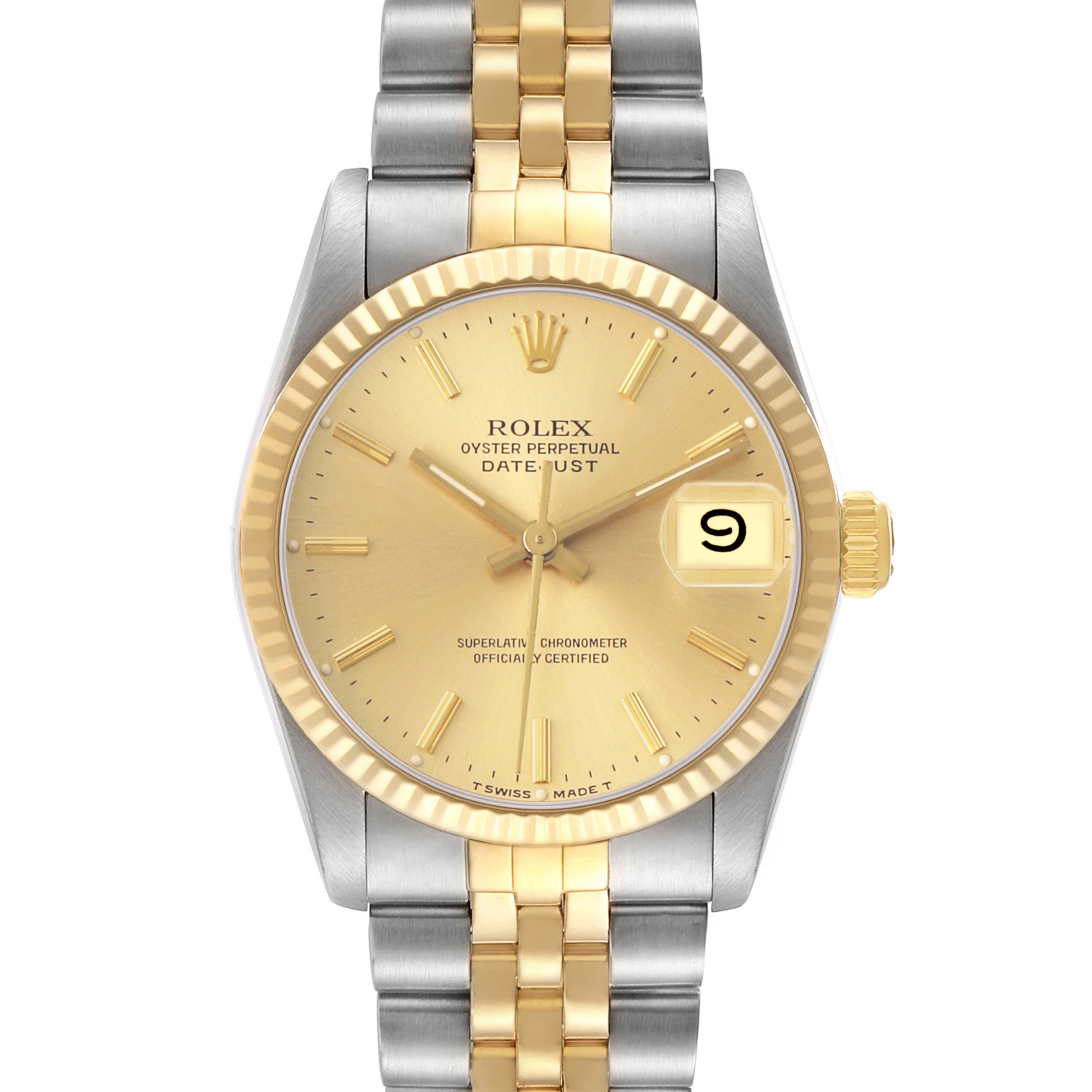 The Rolex Datejust 68273 Women's Steel and Gold (two tone) Champagne Dial watch is shown from the front, highlighting its gold dial, fluted bezel, and two-tone Jubilee bracelet.