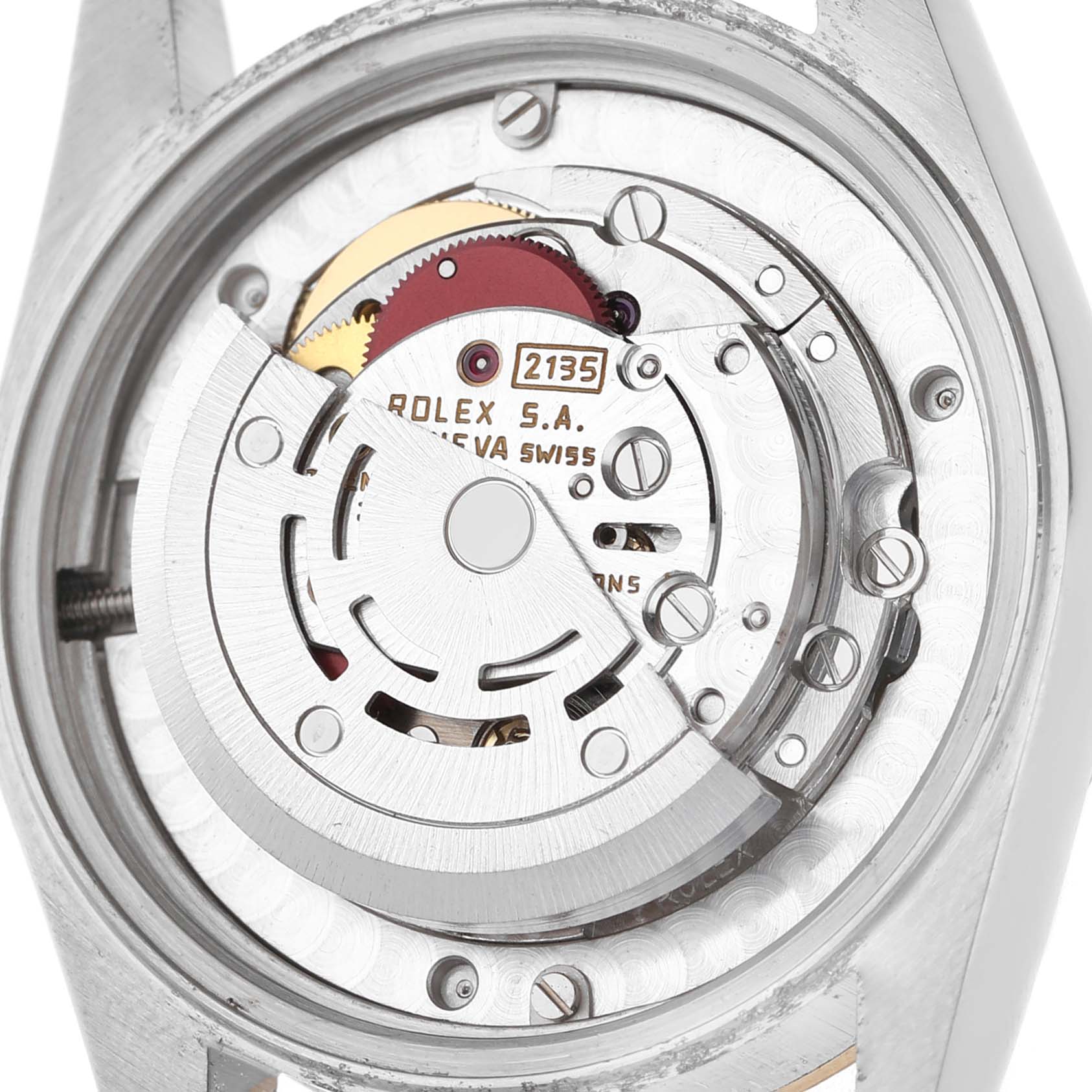 The image shows the movement of a Rolex Datejust 68273 Women's Steel and Gold (two tone) Champagne Dial watch from the back, highlighting its intricate components and mechanics.