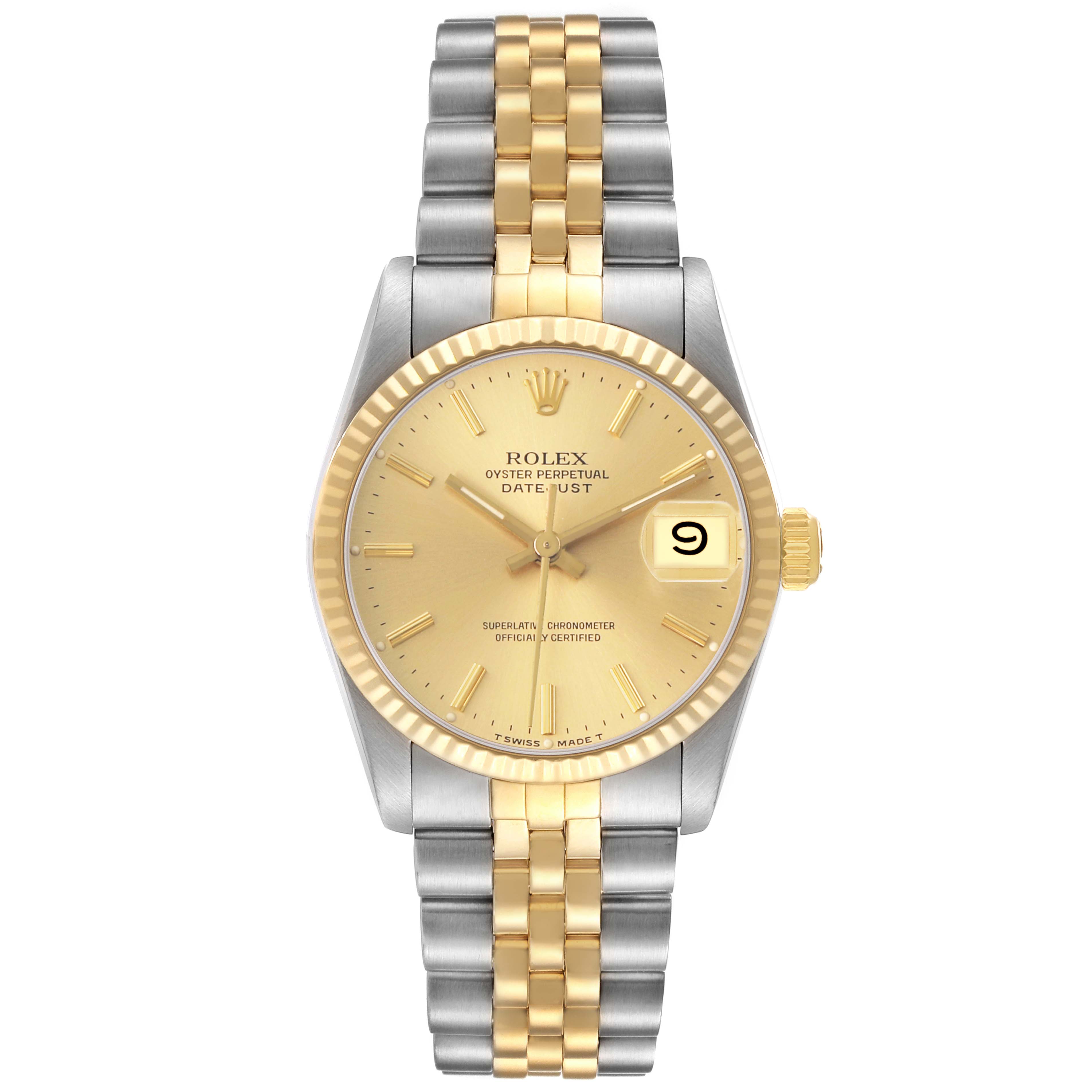 The Rolex Datejust 68273 Women's Steel and Gold (two tone) Champagne Dial watch is shown from the front, displaying its dial, bezel, bracelet, and crown.
