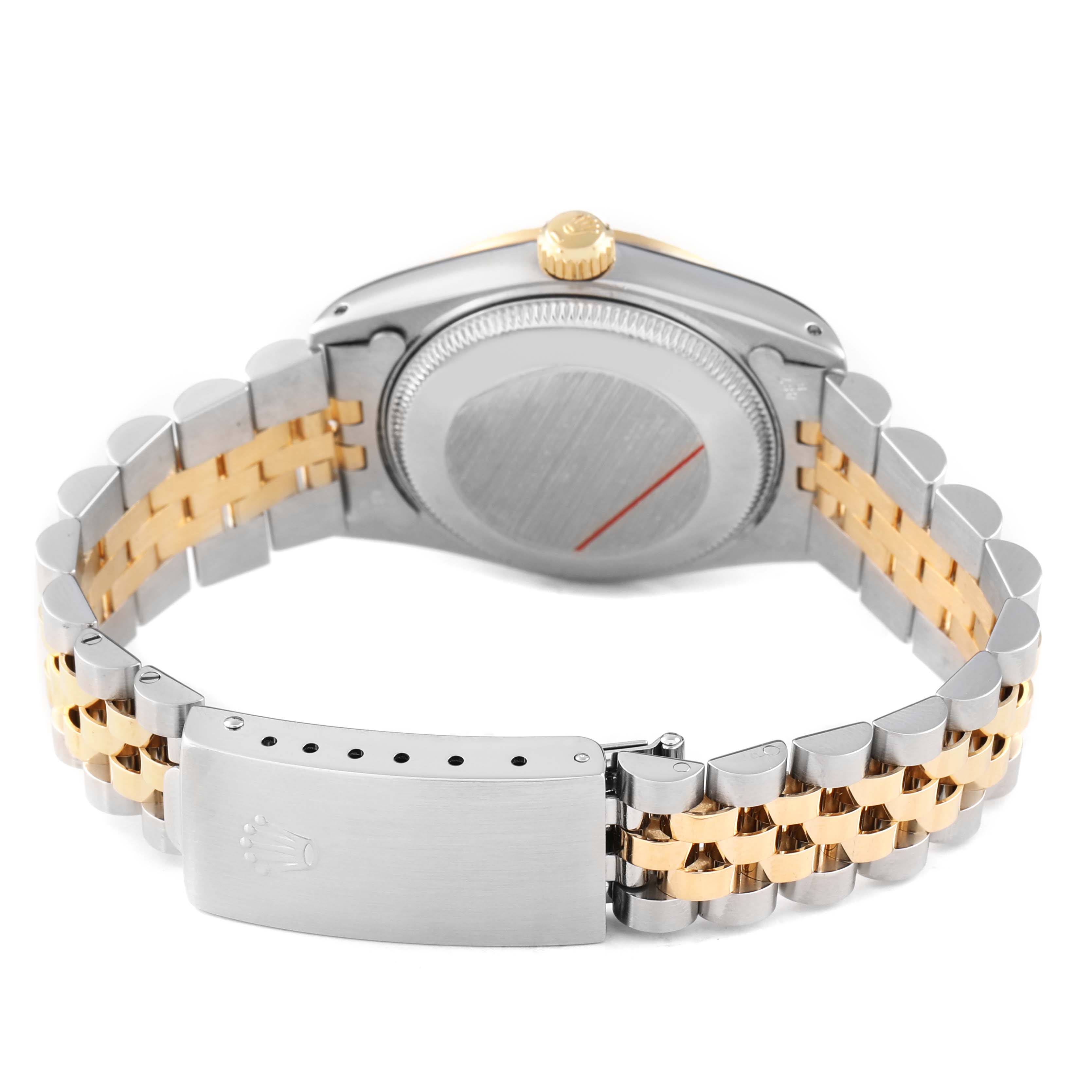 The image shows the back of a Rolex Datejust 68273 Women's Steel and Gold (two tone) Champagne Dial watch with its two-tone bracelet and clasp fully visible.