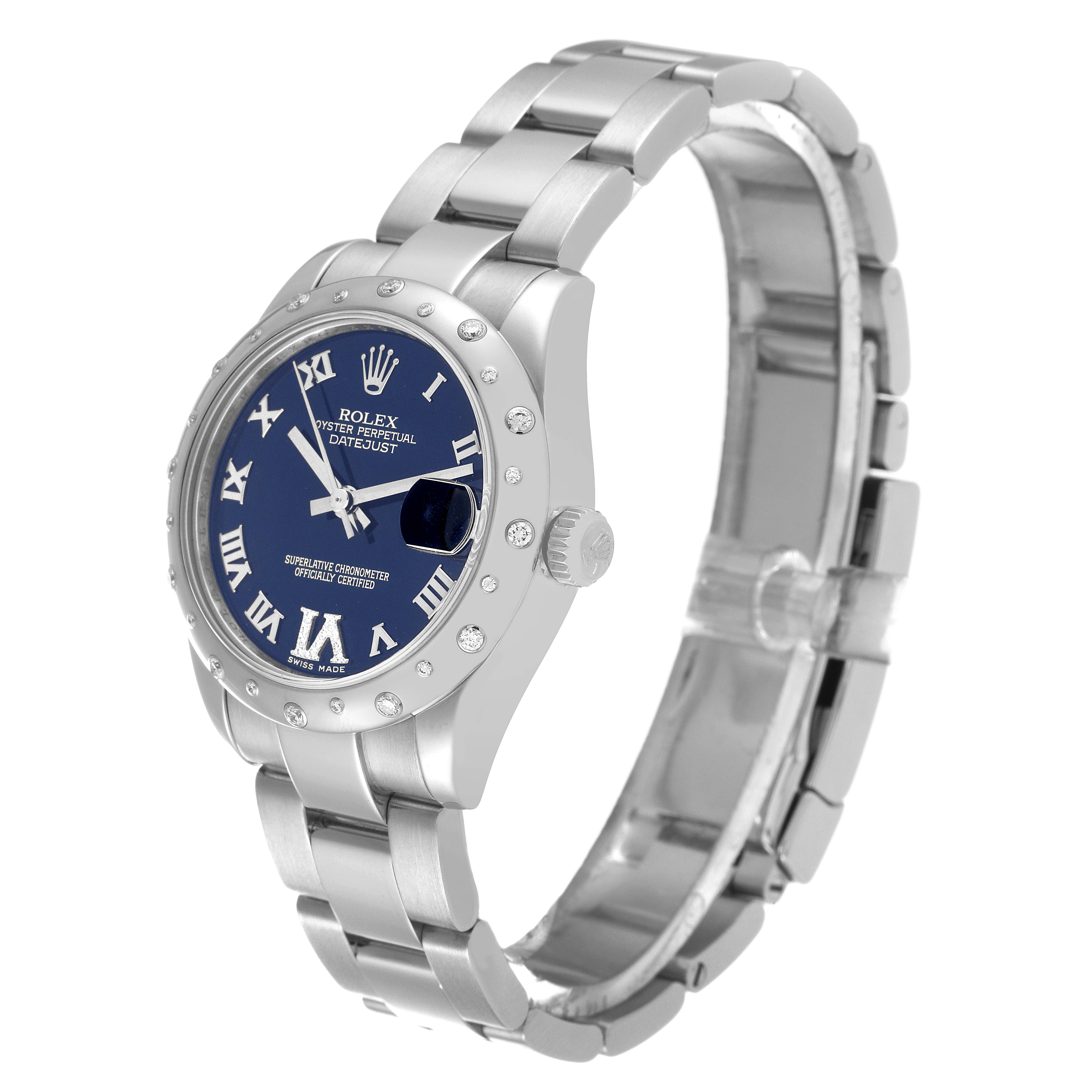 The image shows a side-angle view of a Rolex Mid-Size 178344 Women
s Stainless Steel Blue Dial 178344 Women
s Stainless Steel Blue Dial Oyster Perpetual Datejust watch, showcasing its face, bezel, and bracelet.