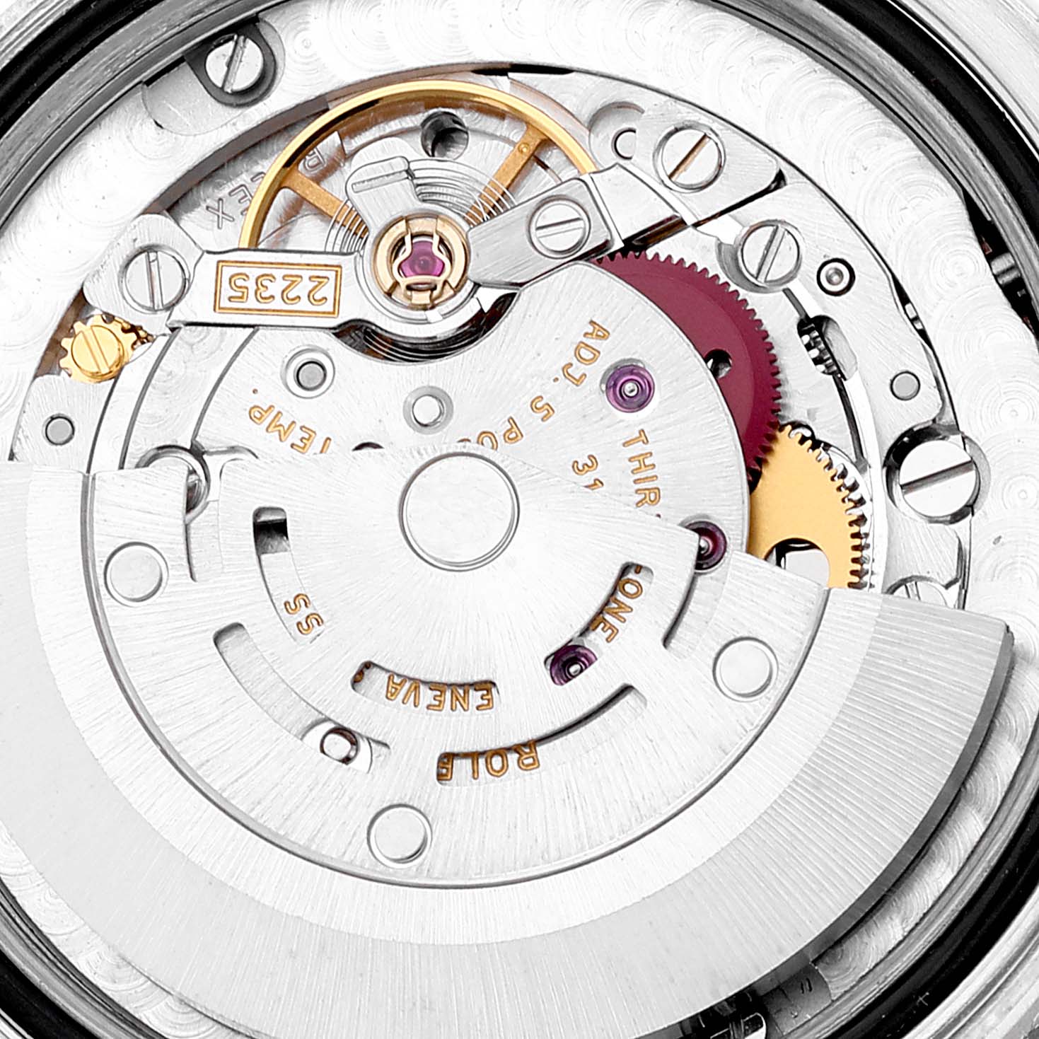 This close-up image shows the intricate inner mechanics and movement of a Rolex Mid-Size 178344 Women
s Stainless Steel Blue Dial 178344 Women
s Stainless Steel Blue Dial watch.