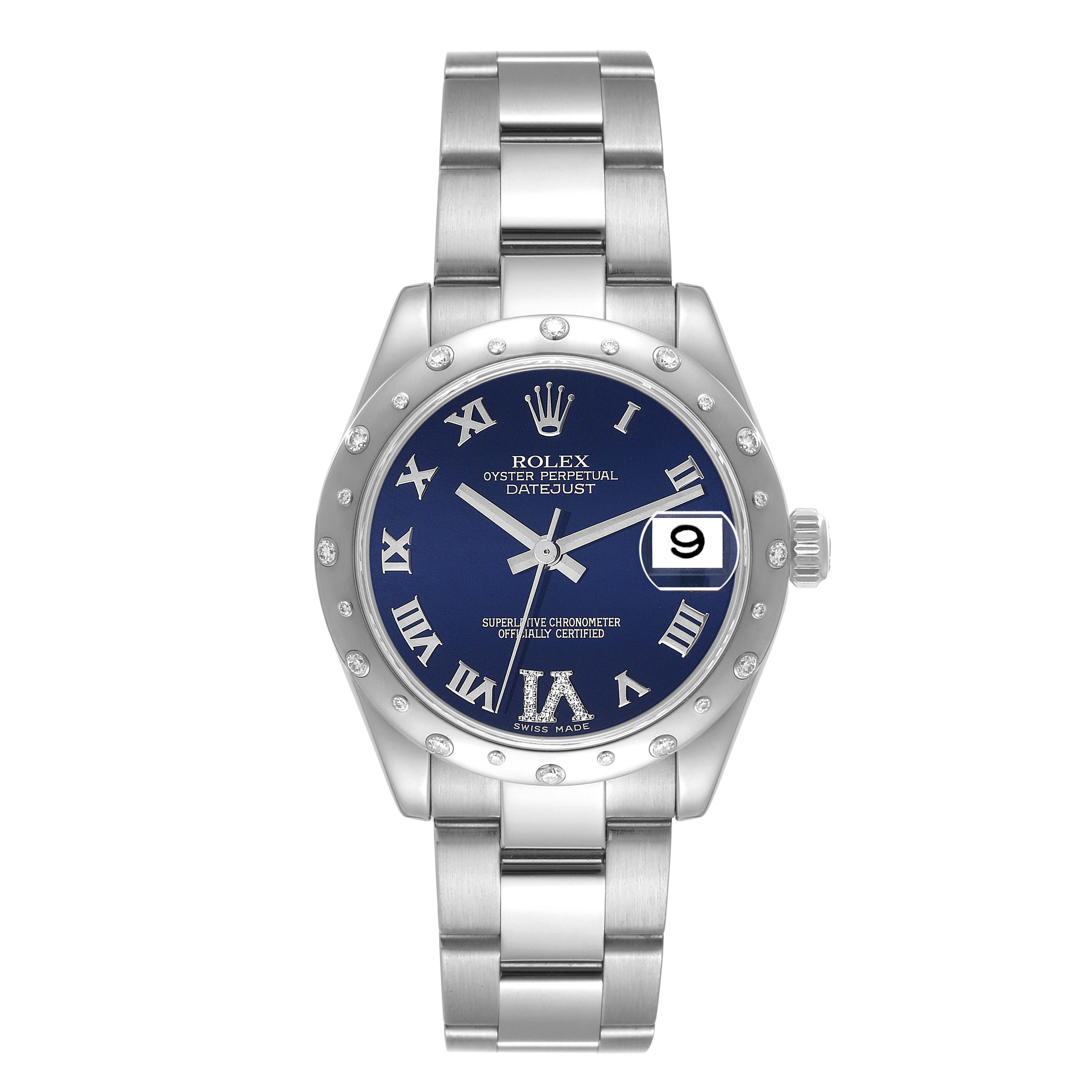 The image shows a front view of a Rolex Mid-Size 178344 Women
s Stainless Steel Blue Dial 178344 Women
s Stainless Steel Blue Dial Oyster Perpetual Datejust watch with a blue dial and Roman numerals.