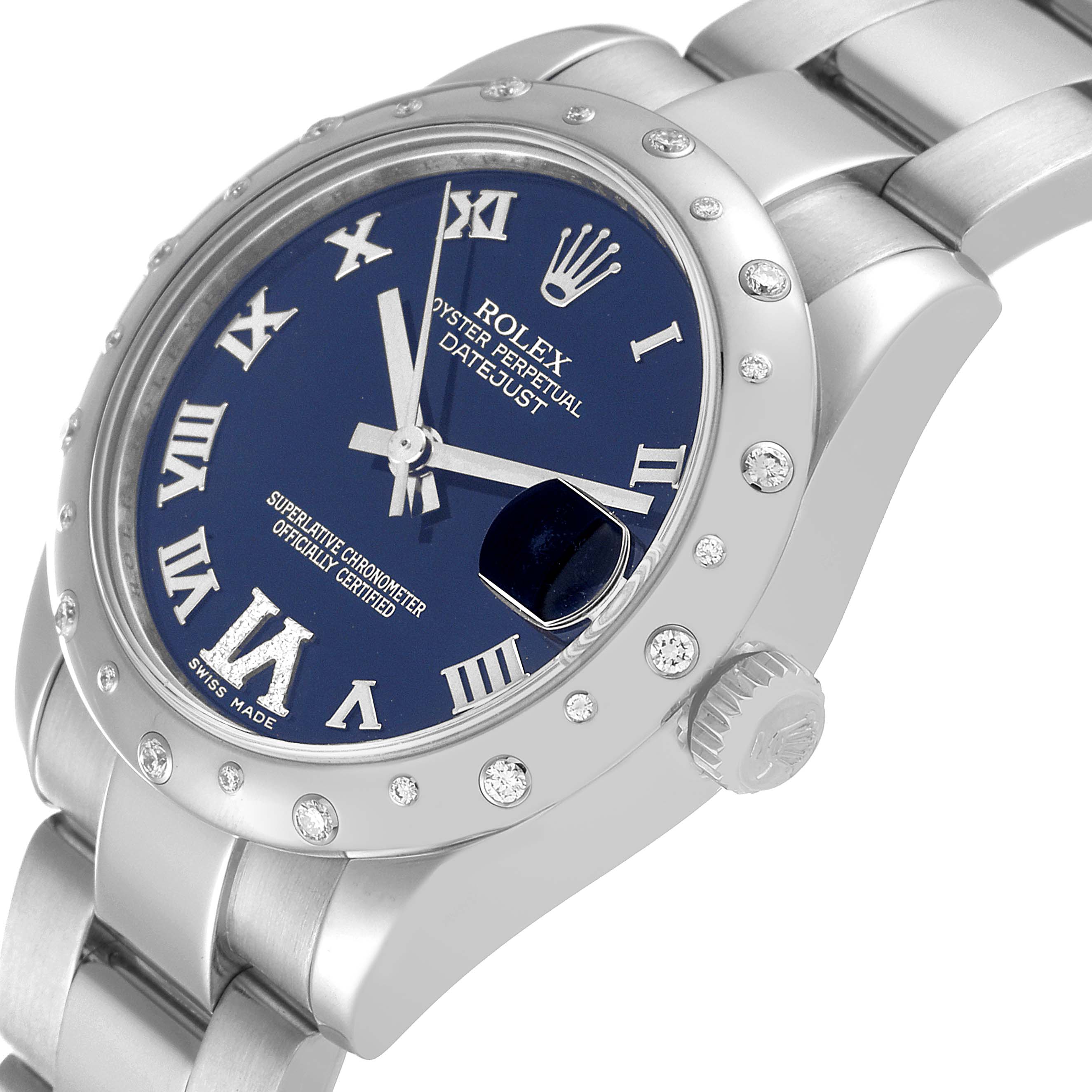 This image shows the face, bezel, crown, and part of the bracelet of the Rolex Mid-Size 178344 Women
s Stainless Steel Blue Dial 178344 Women
s Stainless Steel Blue Dial Oyster Perpetual Datejust watch.