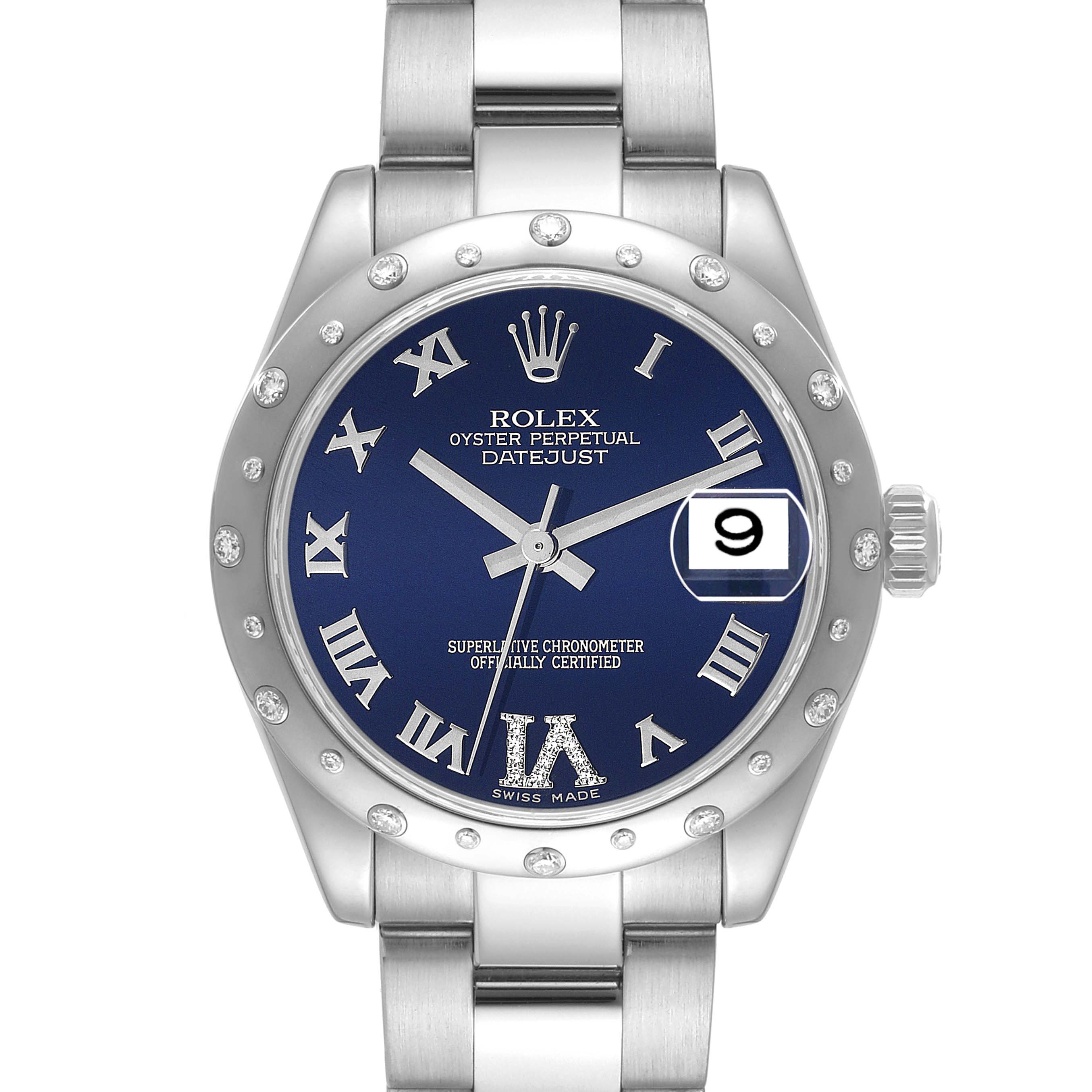 This Rolex Mid-Size 178344 Women
s Stainless Steel Blue Dial 178344 Women
s Stainless Steel Blue Dial Datejust watch is shown from a front angle, showcasing its blue Roman numeral dial, date window, and stainless steel bracelet.