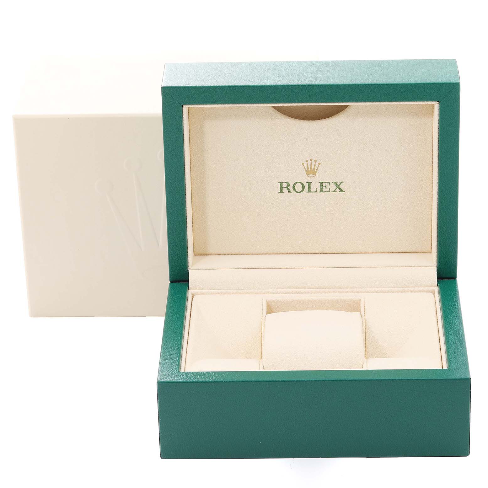 This image shows an open green and beige Rolex box, presumably for a Mid-Size model, viewed from the front.