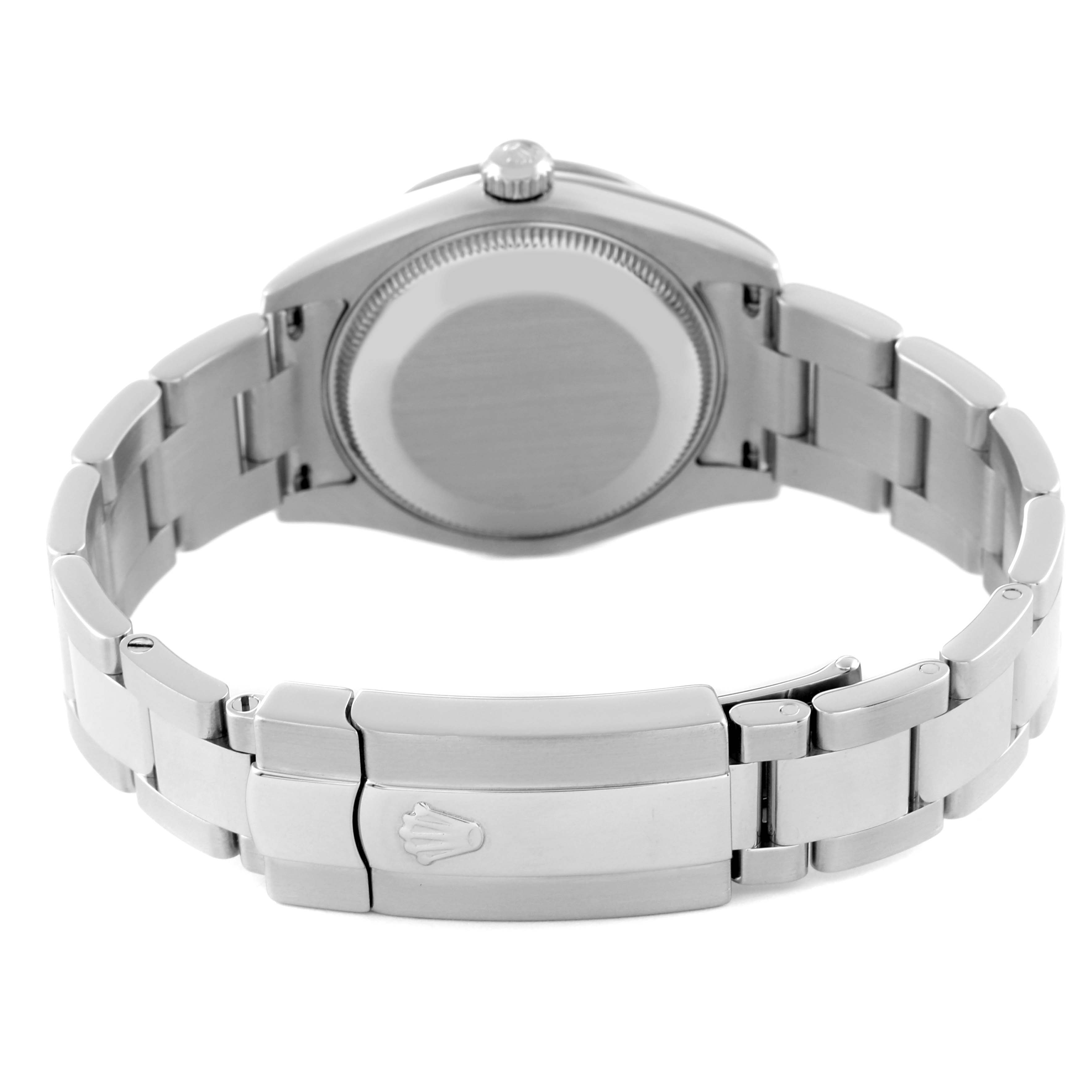 This image shows the back case and bracelet clasp of a Mid-Size Rolex watch from a rear angle.