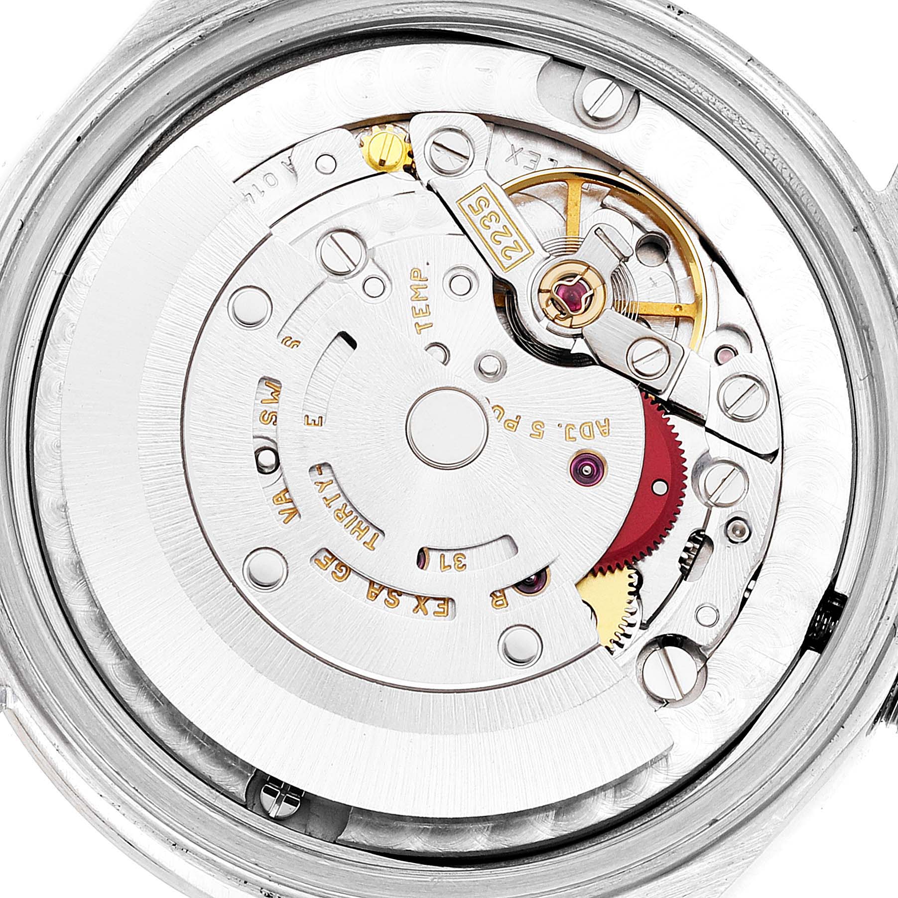 This image shows the internal movement mechanism of a Rolex Mid-Size 78274 Women
s Stainless Steel Silver Dial 78274 Women
s Stainless Steel Silver Dial model watch from a close-up angle.
