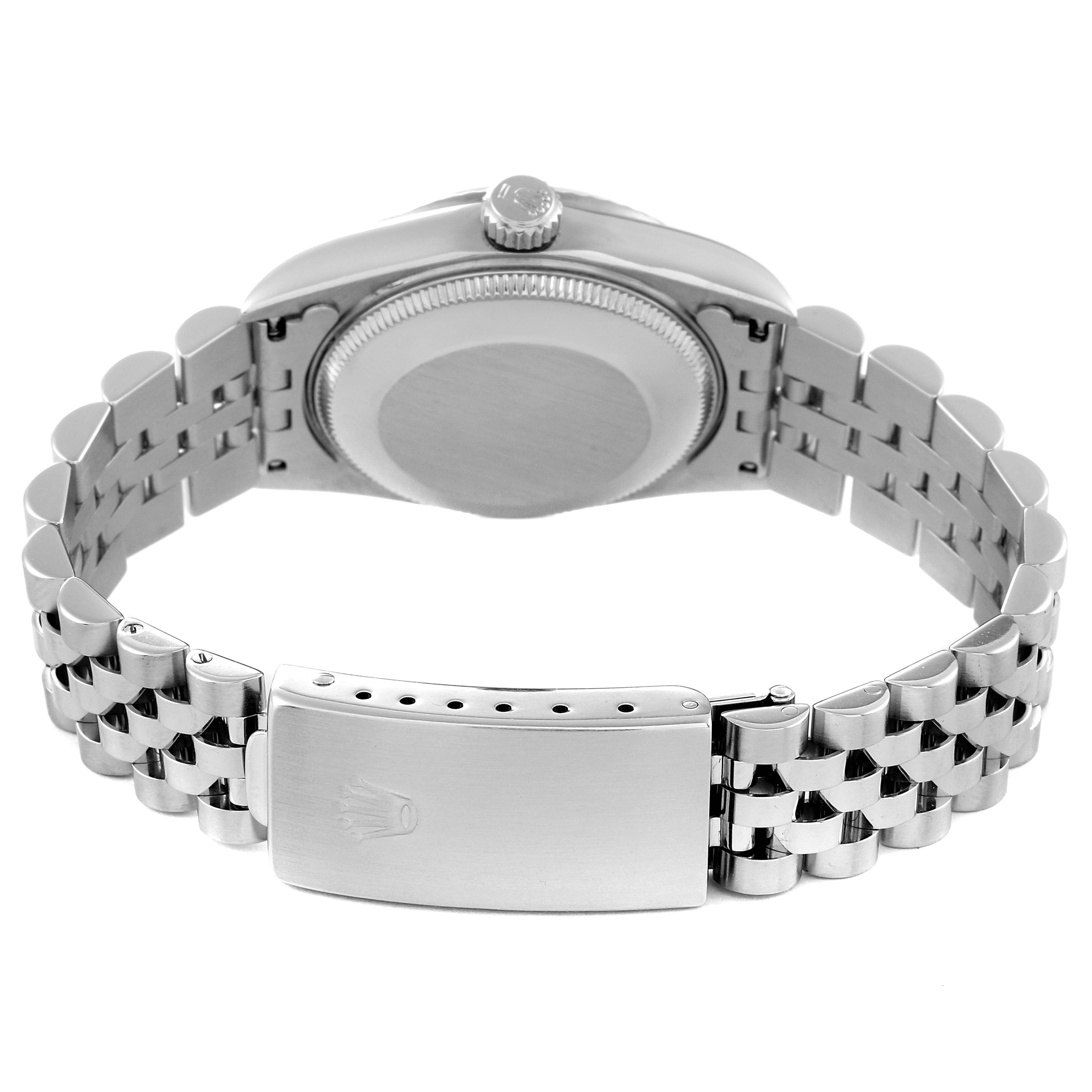 The image shows the back view of a Rolex Mid-Size 78274 Women
s Stainless Steel Silver Dial 78274 Women
s Stainless Steel Silver Dial watch, highlighting the case, crown, and bracelet clasp.