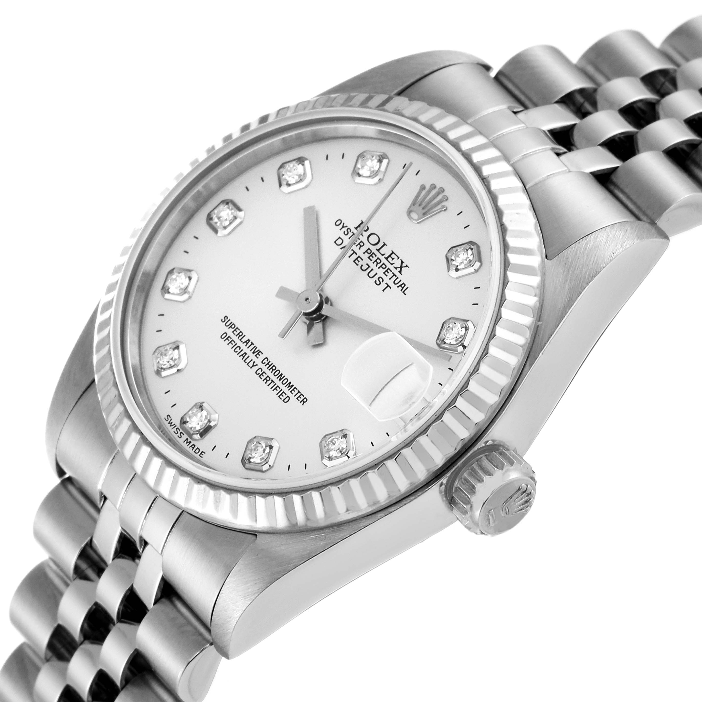 The image shows a close-up, angled view of a Rolex Mid-Size 78274 Women
s Stainless Steel Silver Dial 78274 Women
s Stainless Steel Silver Dial watch, displaying the dial, crown, and part of the bracelet.