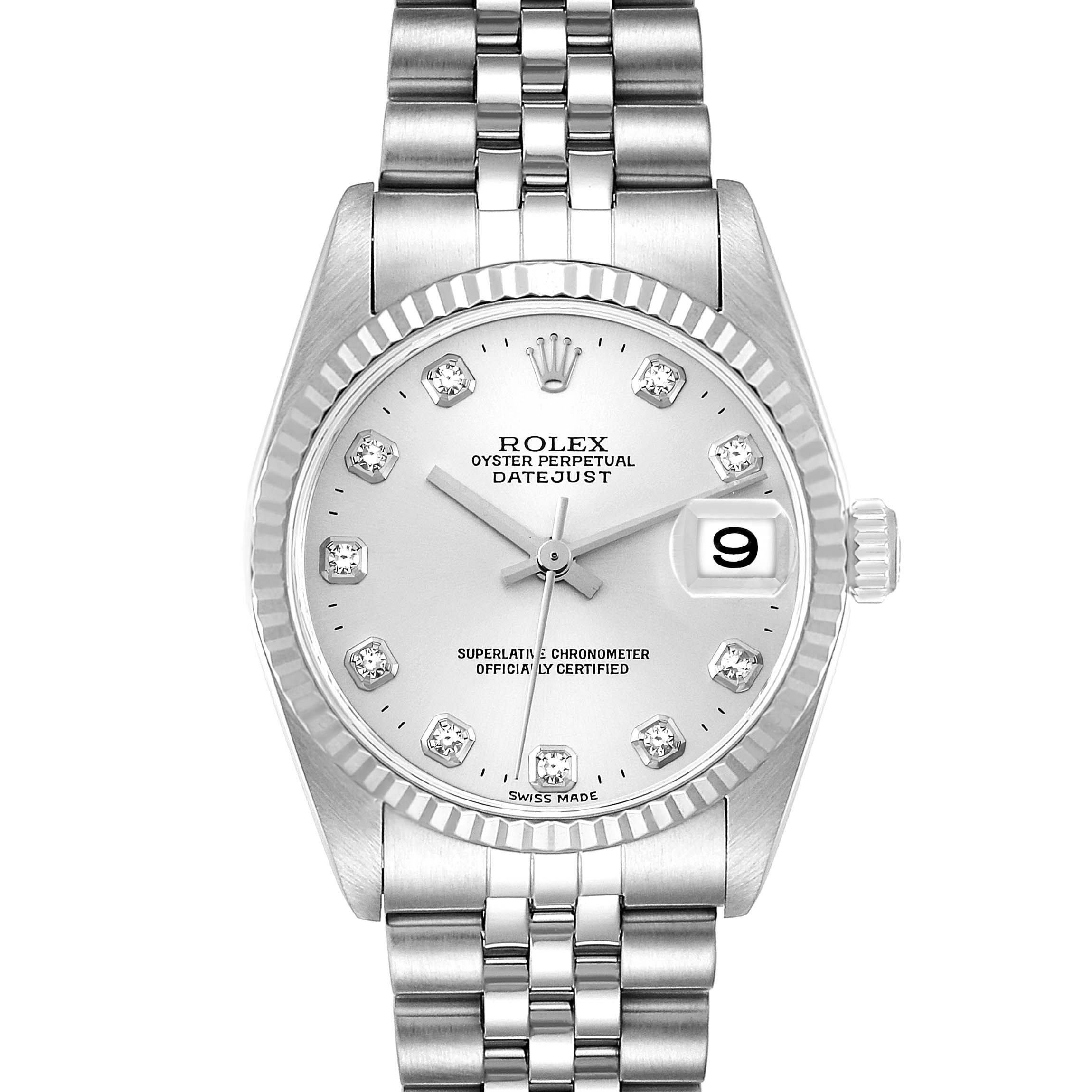 Front view of a Rolex Mid-Size 78274 Women
s Stainless Steel Silver Dial 78274 Women
s Stainless Steel Silver Dial Oyster Perpetual Datejust, showing the dial, hands, date, and Jubilee bracelet.
