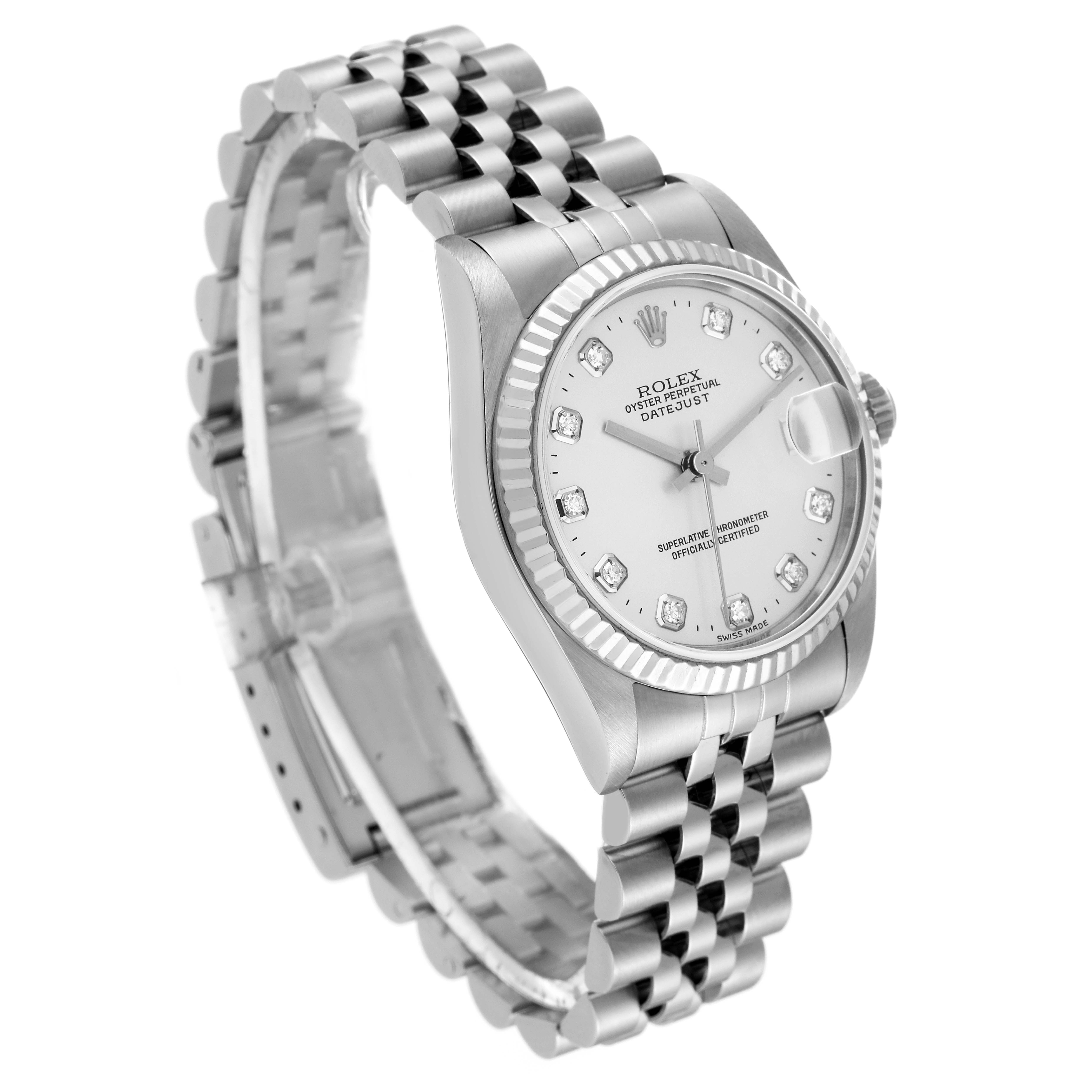 The Rolex Mid-Size 78274 Women
s Stainless Steel Silver Dial 78274 Women
s Stainless Steel Silver Dial watch is shown at a three-quarter angle, highlighting the face, bezel, case, and Jubilee bracelet.