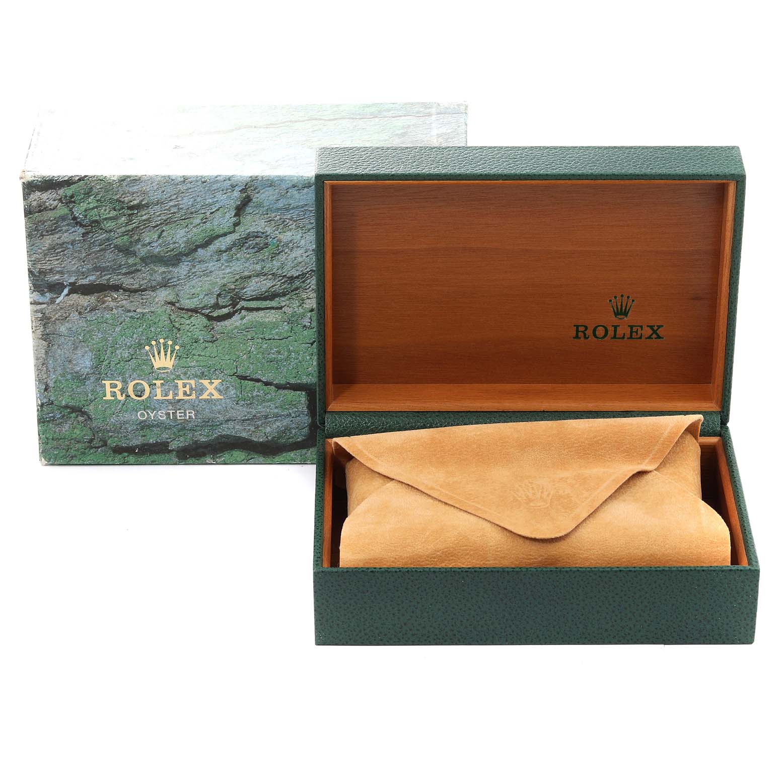 This image shows an open Rolex Mid-Size 78274 Women
s Stainless Steel Silver Dial 78274 Women
s Stainless Steel Silver Dial watch box and its outer box at a frontal angle.