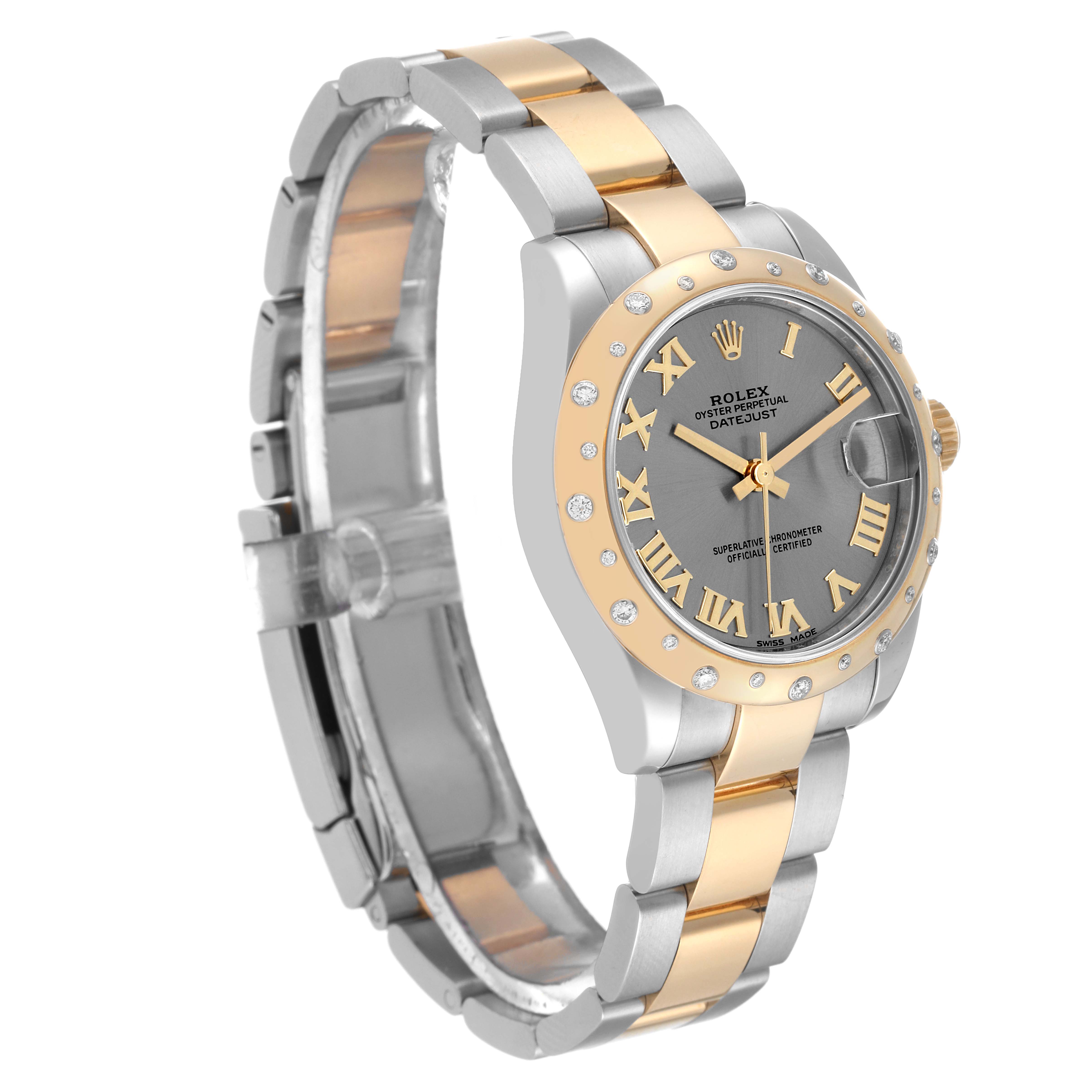 The image shows a side and front view of a Rolex Mid-Size 178343 Women
s Steel and Gold (two tone) Grey Dial 178343 Women
s Steel and Gold (two tone) Grey Dial Oyster Perpetual Datejust watch, highlighting its two-tone band and bezel.