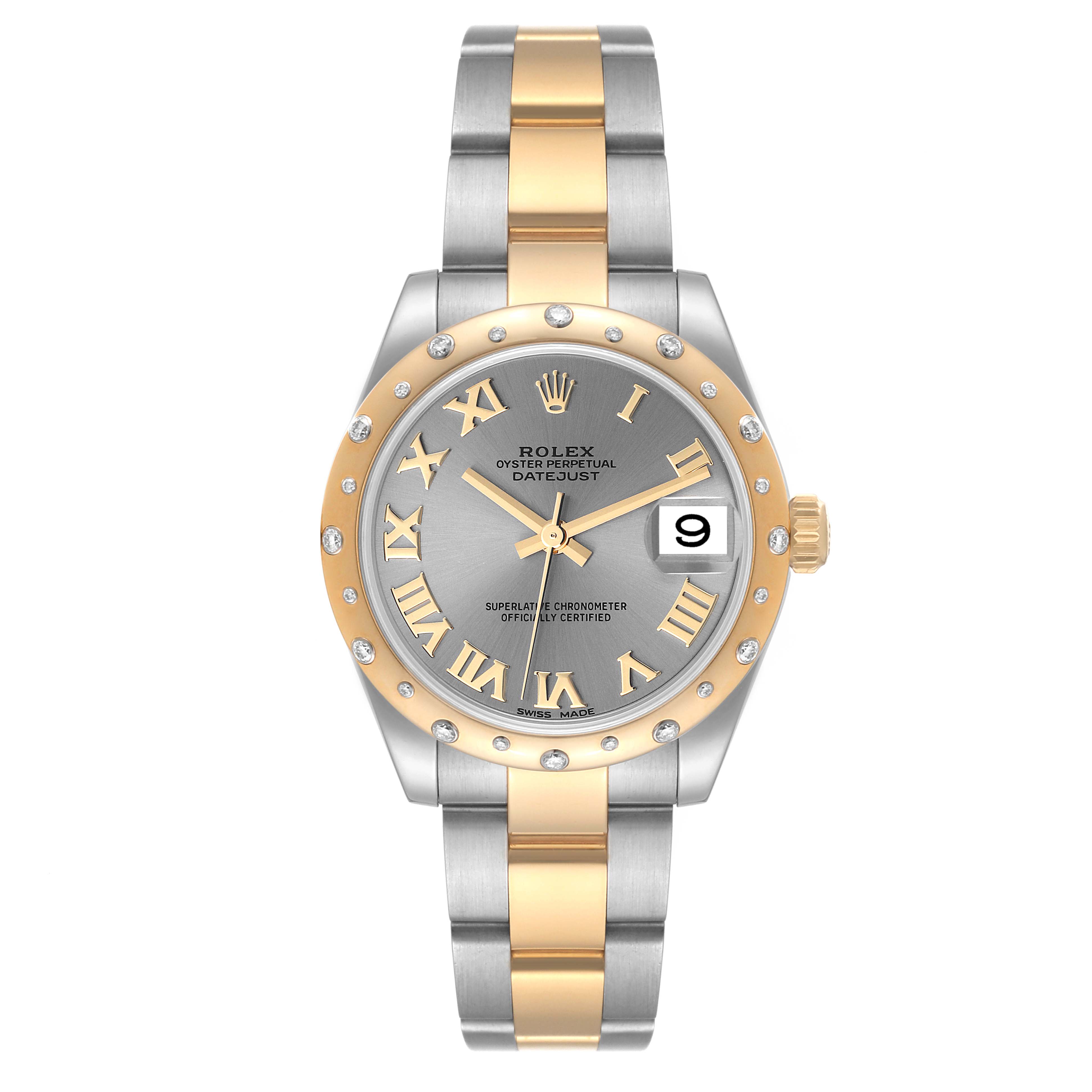 This image shows a front view of a Rolex Mid-Size 178343 Women
s Steel and Gold (two tone) Grey Dial 178343 Women
s Steel and Gold (two tone) Grey Dial Oyster Perpetual Datejust with a two-tone metal bracelet and Roman numeral dial.