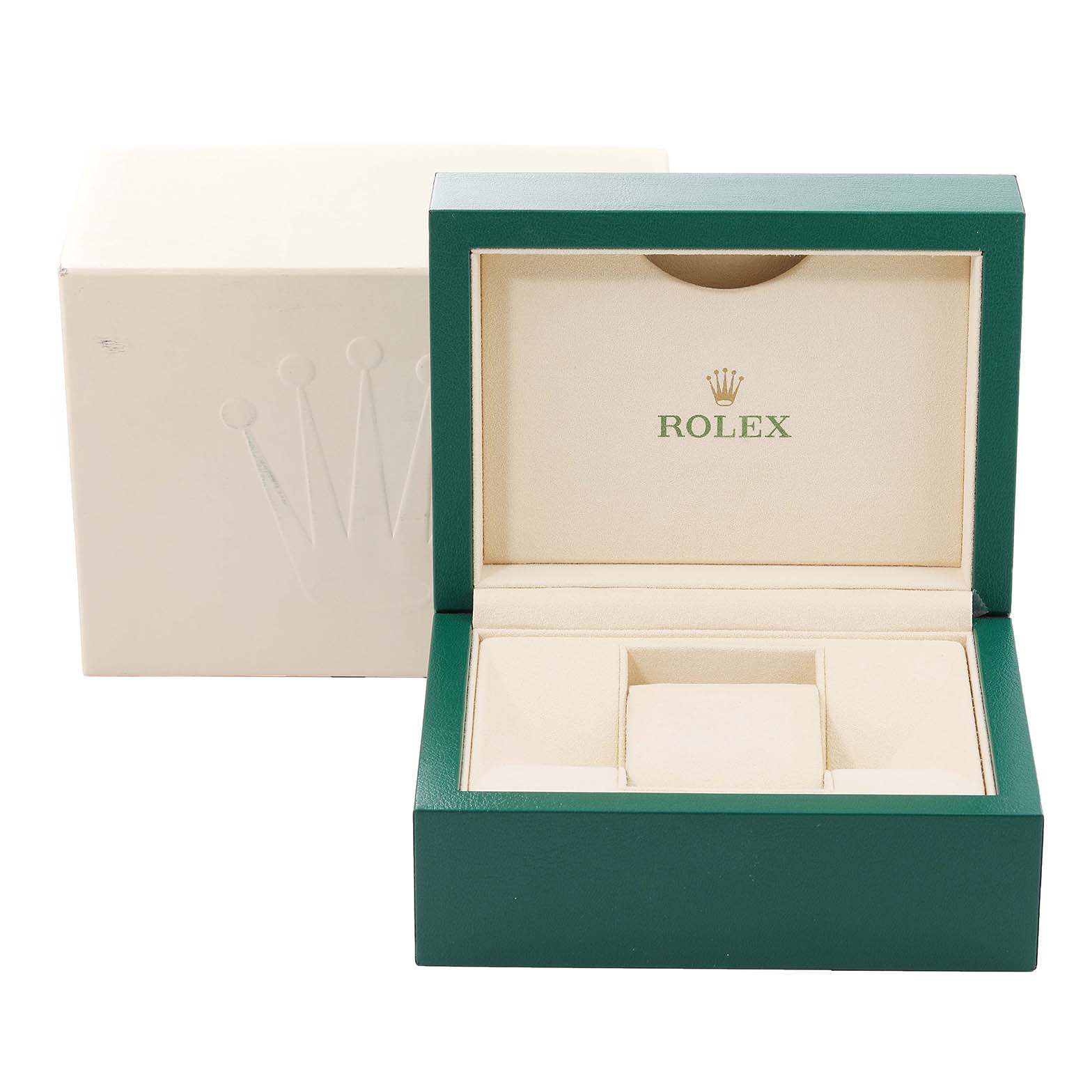 This image shows the open box and outer packaging of a Rolex Mid-Size 178343 Women
s Steel and Gold (two tone) Grey Dial 178343 Women
s Steel and Gold (two tone) Grey Dial model.