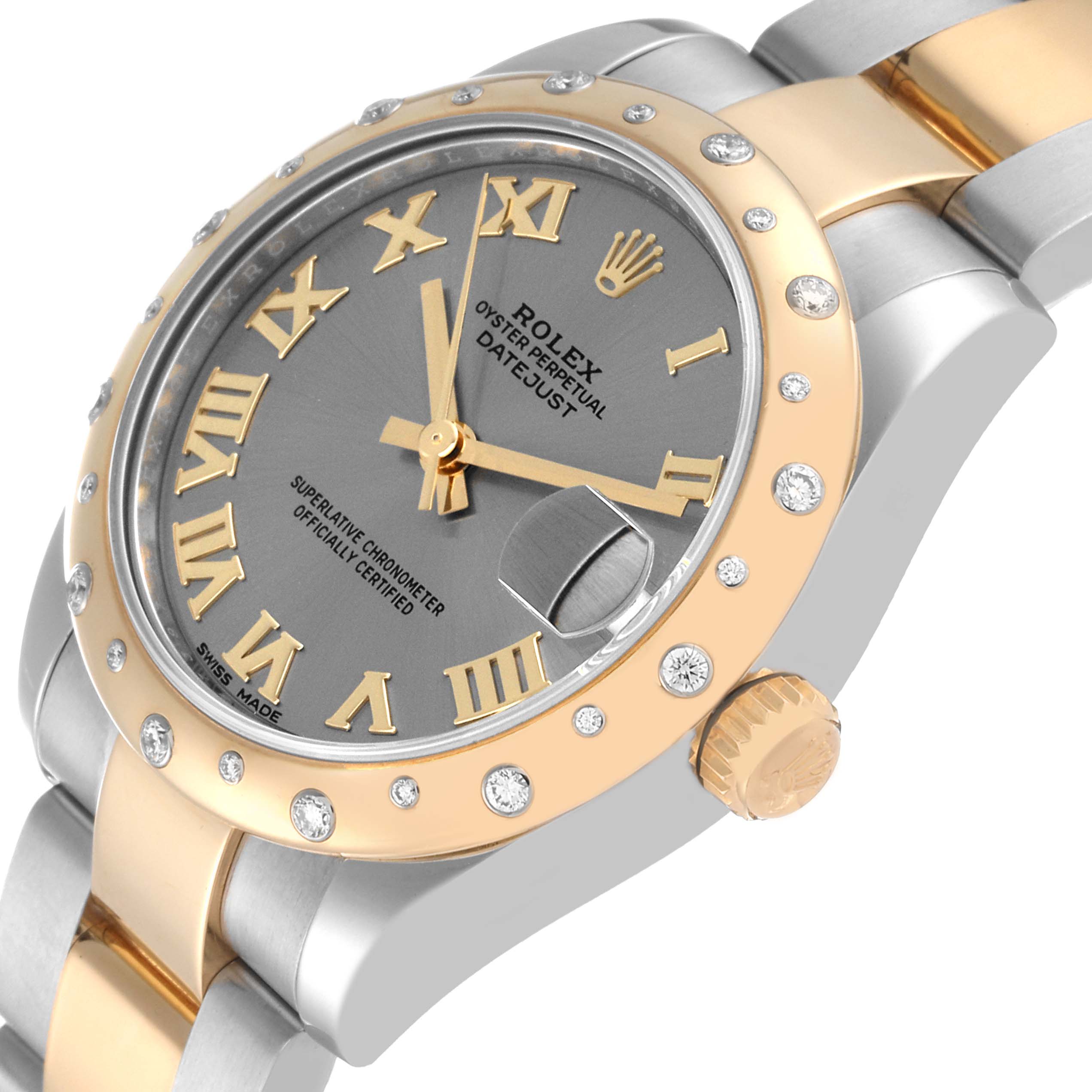 The image shows a close-up of a Rolex Mid-Size 178343 Women
s Steel and Gold (two tone) Grey Dial 178343 Women
s Steel and Gold (two tone) Grey Dial Datejust watch viewed at a three-quarter angle, displaying its dial, bezel, and part of the bracelet.