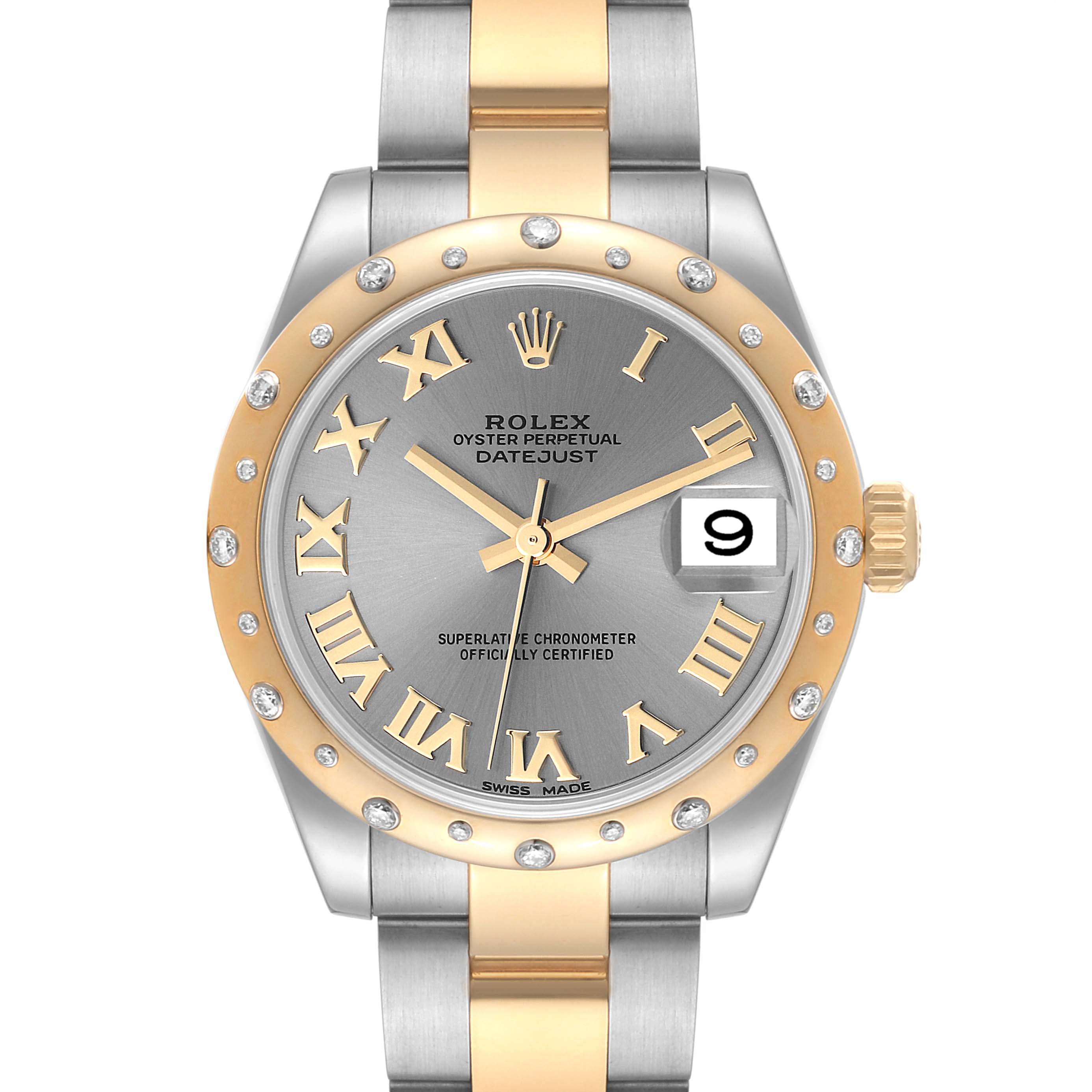 This image shows a front view of the Rolex Mid-Size 178343 Women
s Steel and Gold (two tone) Grey Dial 178343 Women
s Steel and Gold (two tone) Grey Dial Datejust watch, with the dial, bezel, and bracelet clearly visible.