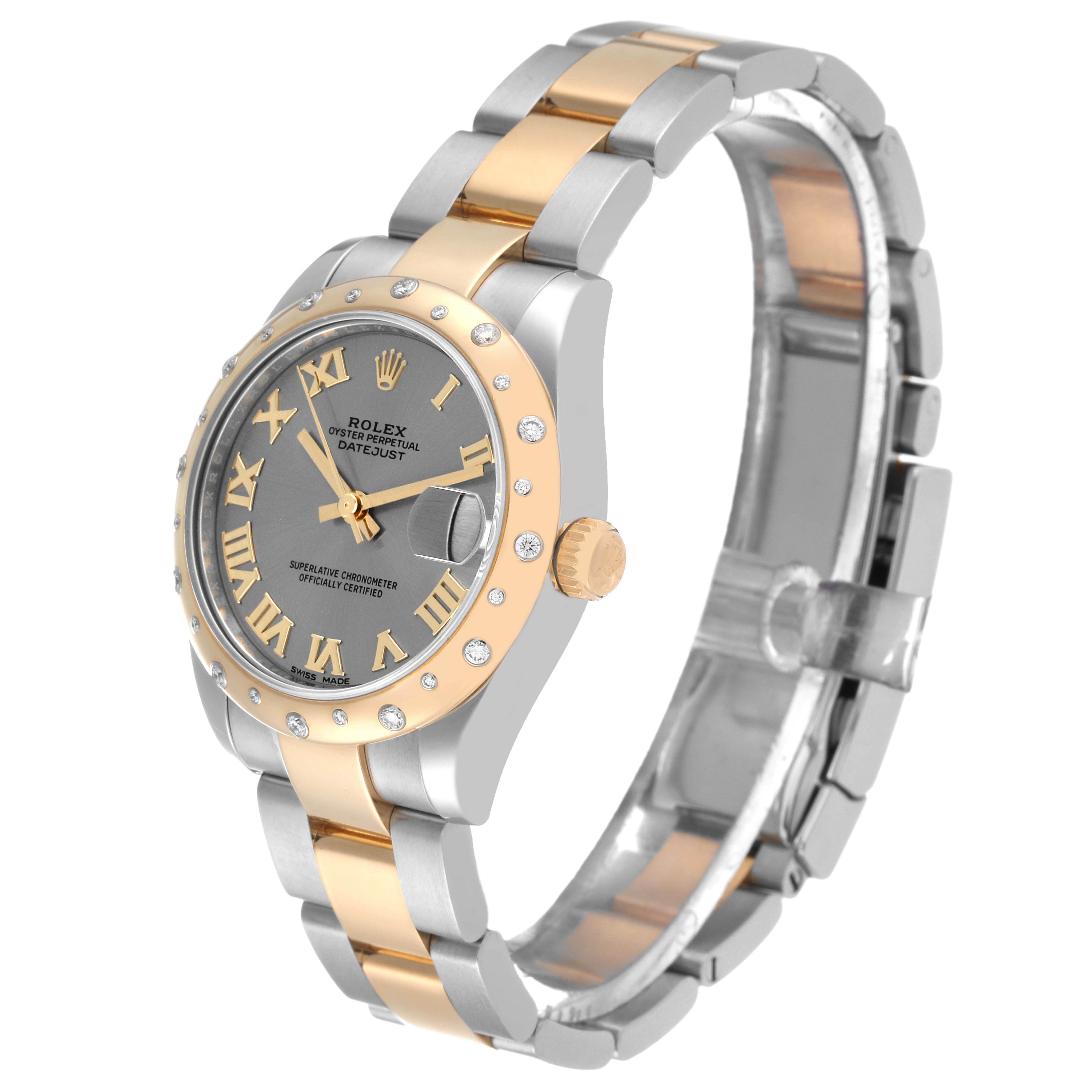 The Rolex Mid-Size 178343 Women
s Steel and Gold (two tone) Grey Dial 178343 Women
s Steel and Gold (two tone) Grey Dial Datejust watch is shown at an angle, displaying its face, bezel, crown, and part of the band.