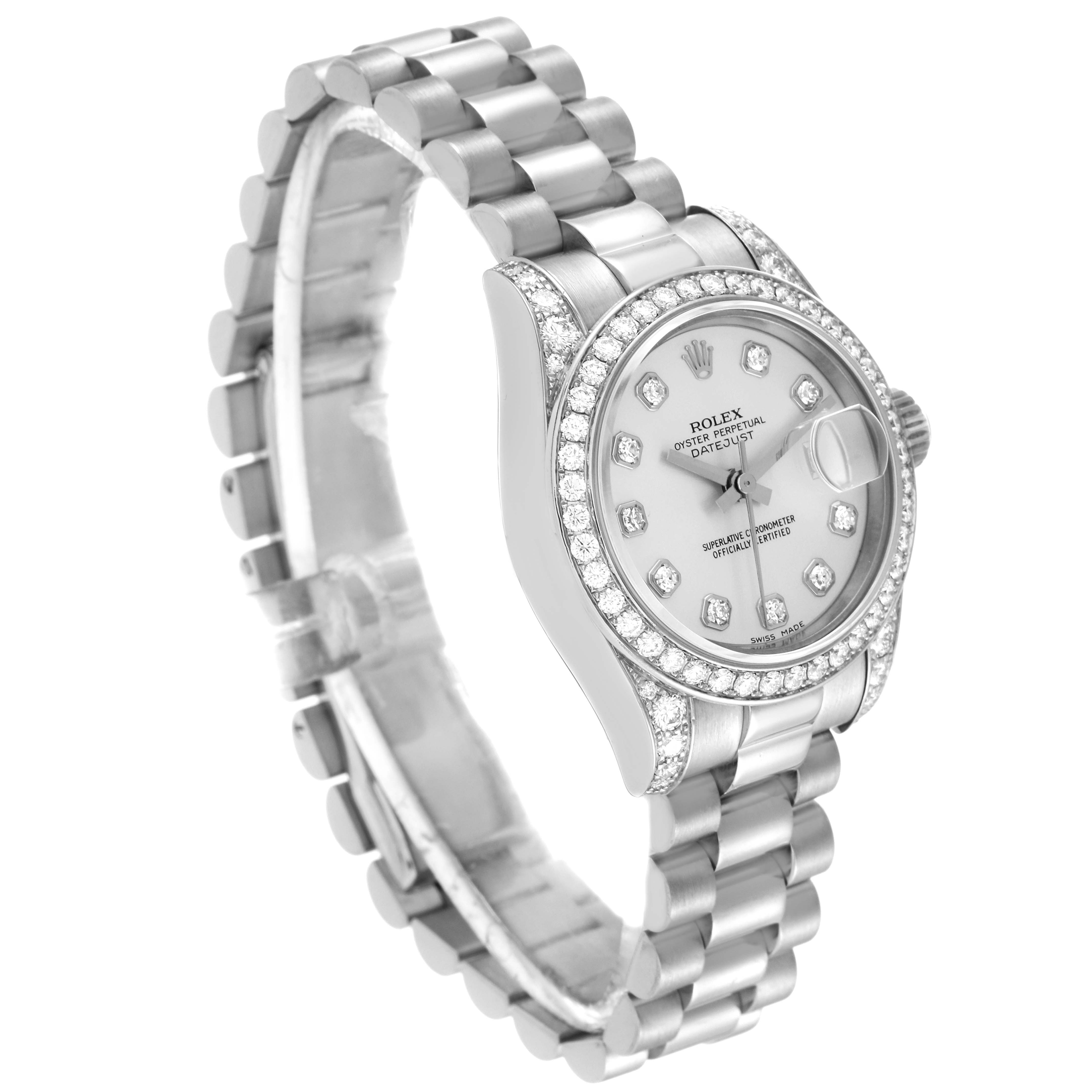 The image shows a Rolex President 179159 Women's White Gold Silver Dial 179159 Women's White Gold Silver Dial model watch at an angle displaying the watch face, bezel, and bracelet.