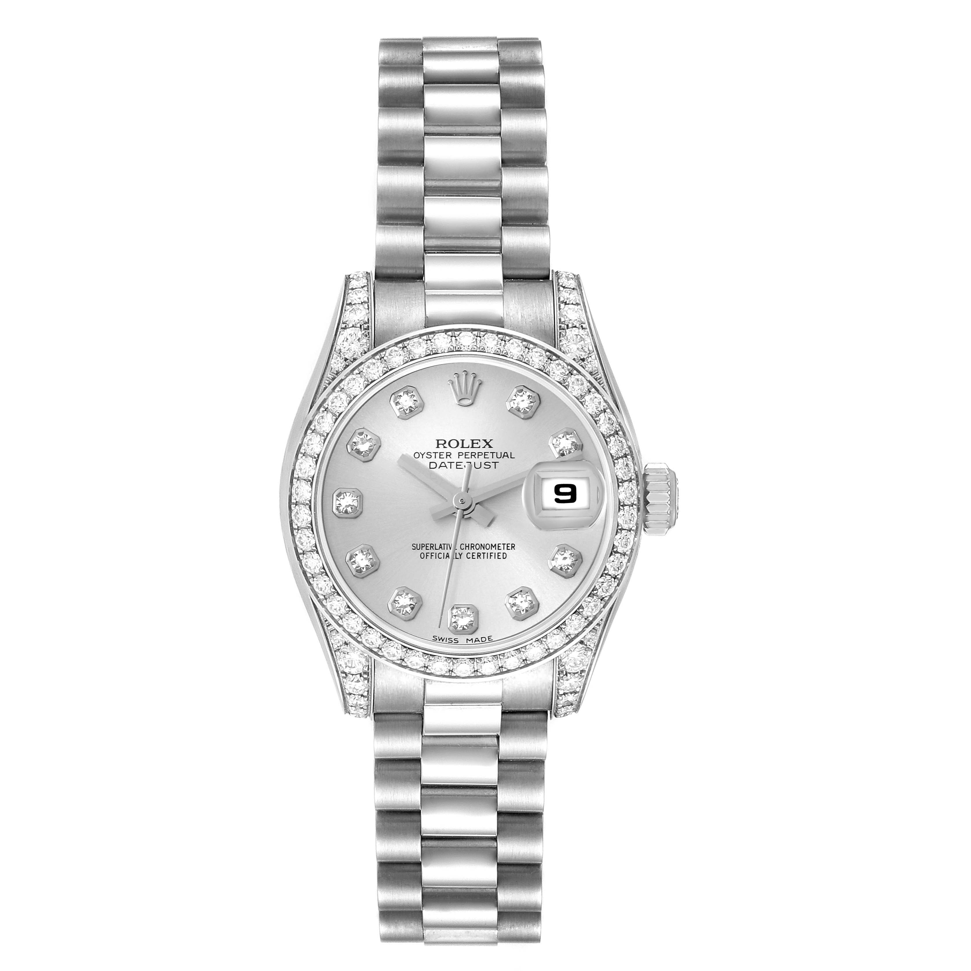This image shows a frontal view of a Rolex President 179159 Women's White Gold Silver Dial 179159 Women's White Gold Silver Dial model watch, displaying the bracelet, dial, and bezel adorned with diamonds.