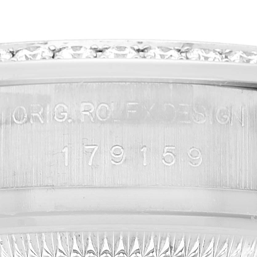 The image shows a close-up view of the side of a Rolex President 179159 Women's White Gold Silver Dial 179159 Women's White Gold Silver Dial watch with the model number '179159' engraved.