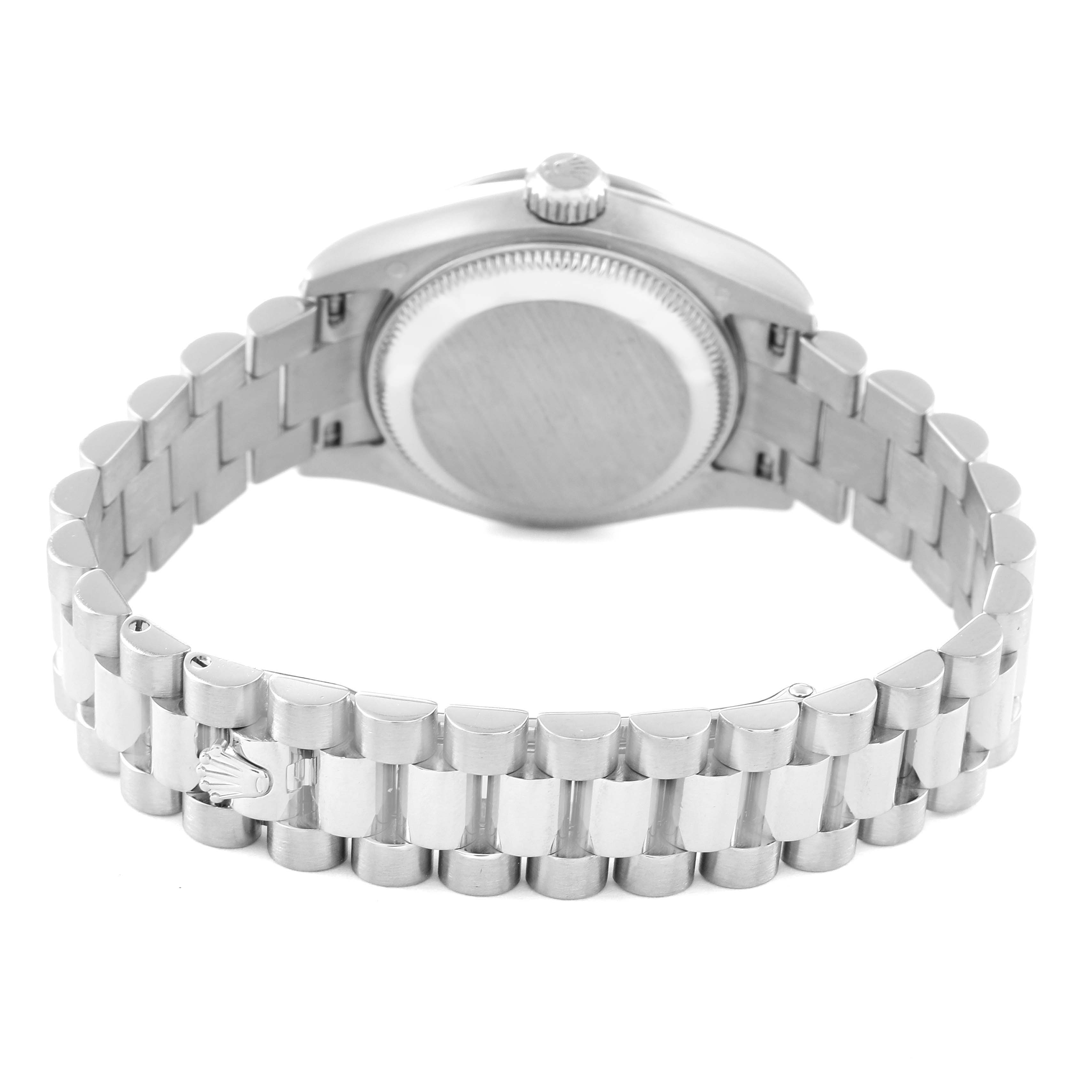 The image shows the back of a Rolex President 179159 Women's White Gold Silver Dial 179159 Women's White Gold Silver Dial model watch, emphasizing the case back and bracelet.