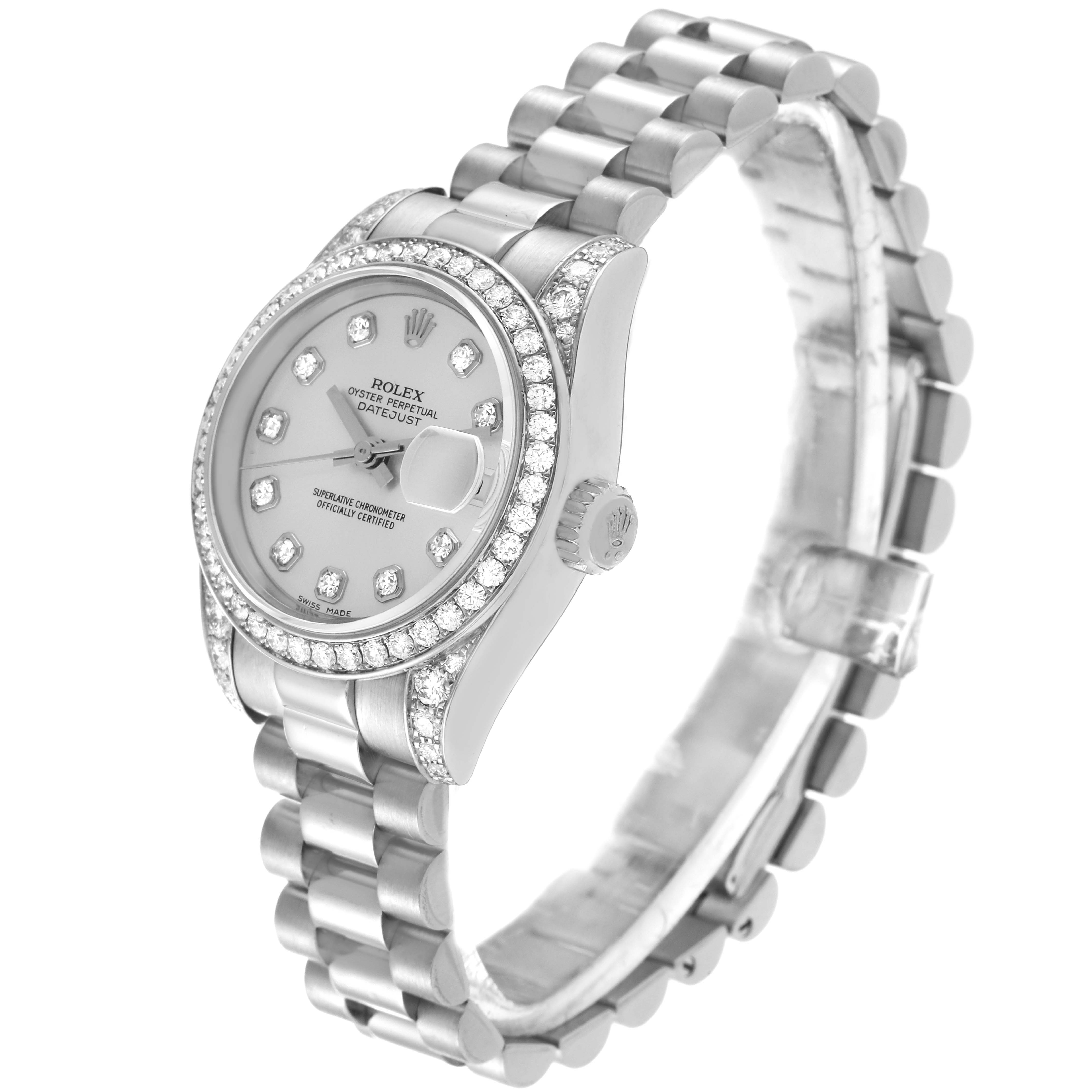 The image shows a Rolex President 179159 Women's White Gold Silver Dial 179159 Women's White Gold Silver Dial model watch at a slight angle, highlighting its diamond bezel, dial, and bracelet.