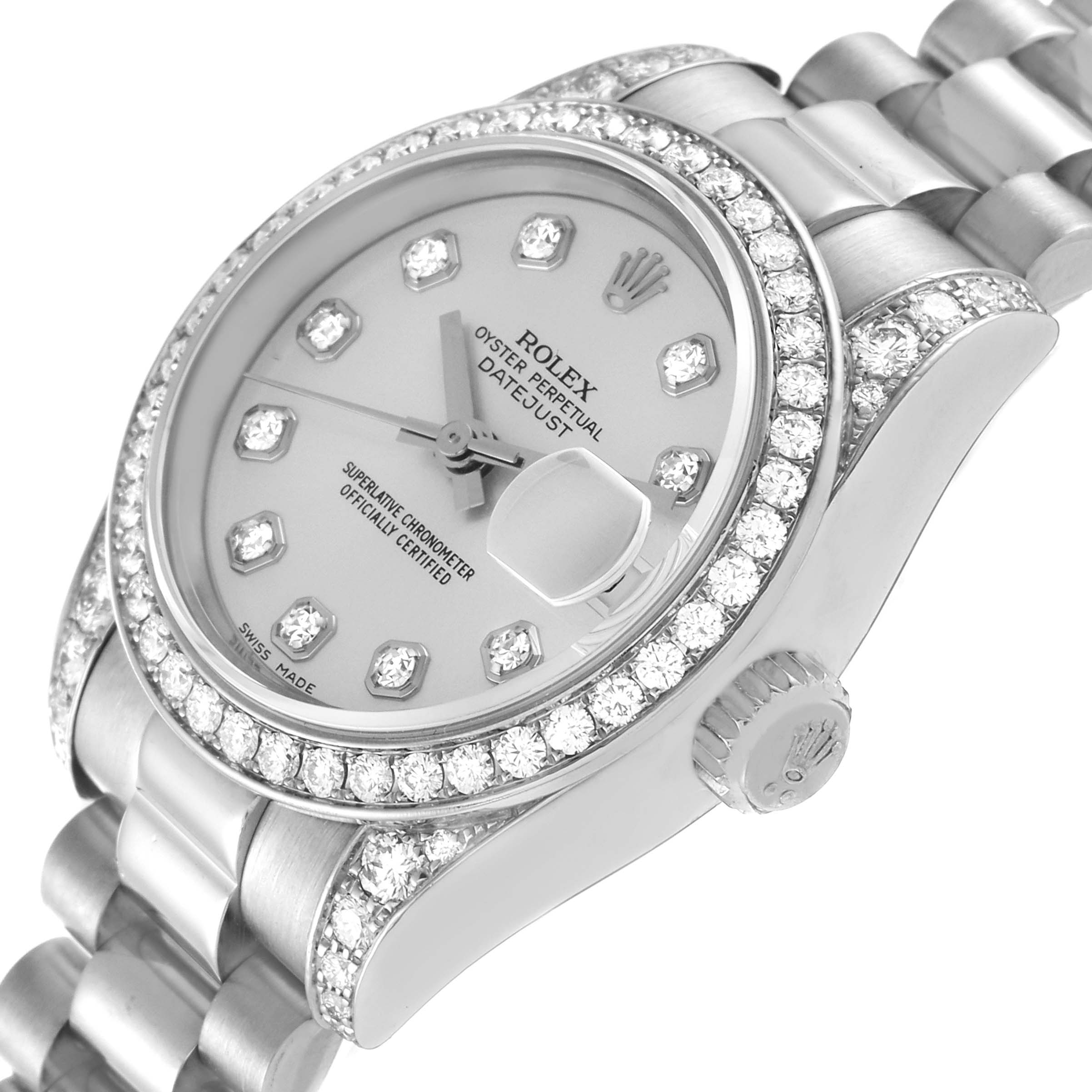 The image shows a close-up angle of a Rolex President 179159 Women's White Gold Silver Dial 179159 Women's White Gold Silver Dial model watch, highlighting the dial, bezel, crown, and part of the bracelet.