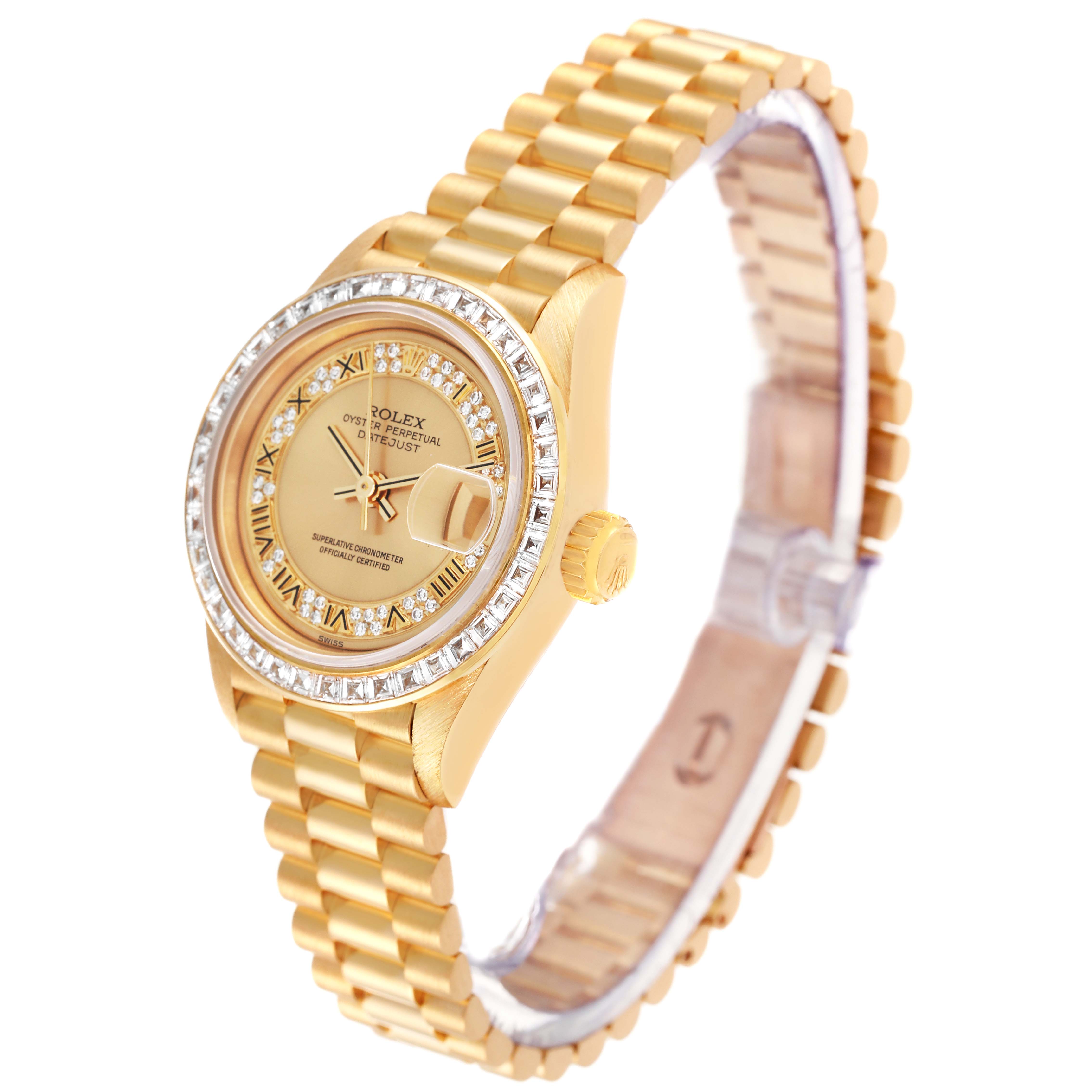 The image shows a Rolex President 69128 Women
s Yellow Gold Champagne Dial 69128 Women
s Yellow Gold Champagne Dial model watch at a three-quarter angle, highlighting the face, bracelet, and crown.