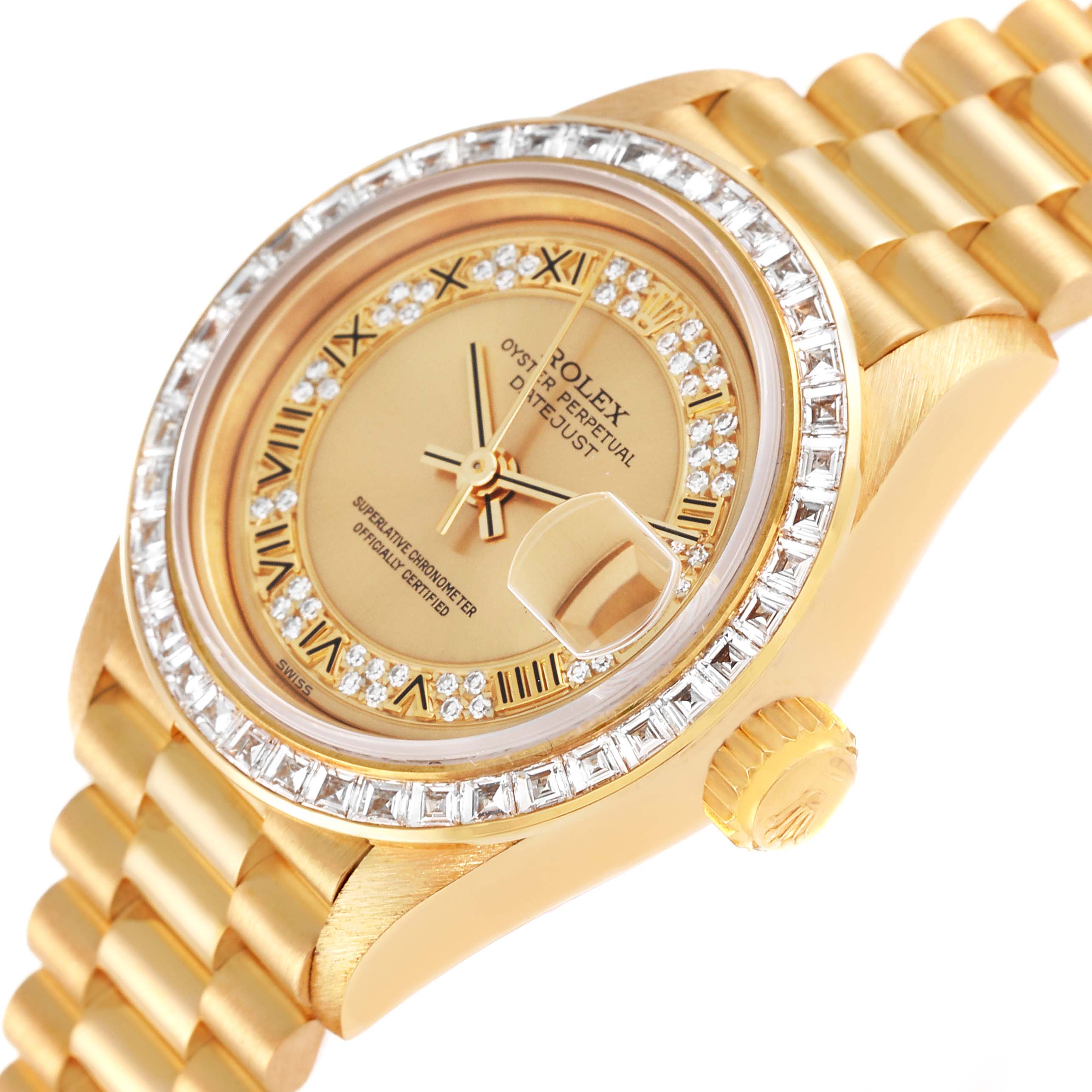 This image shows a close-up, angled view of the Rolex President 69128 Women
s Yellow Gold Champagne Dial 69128 Women
s Yellow Gold Champagne Dial model, highlighting the dial, bezel, and bracelet.