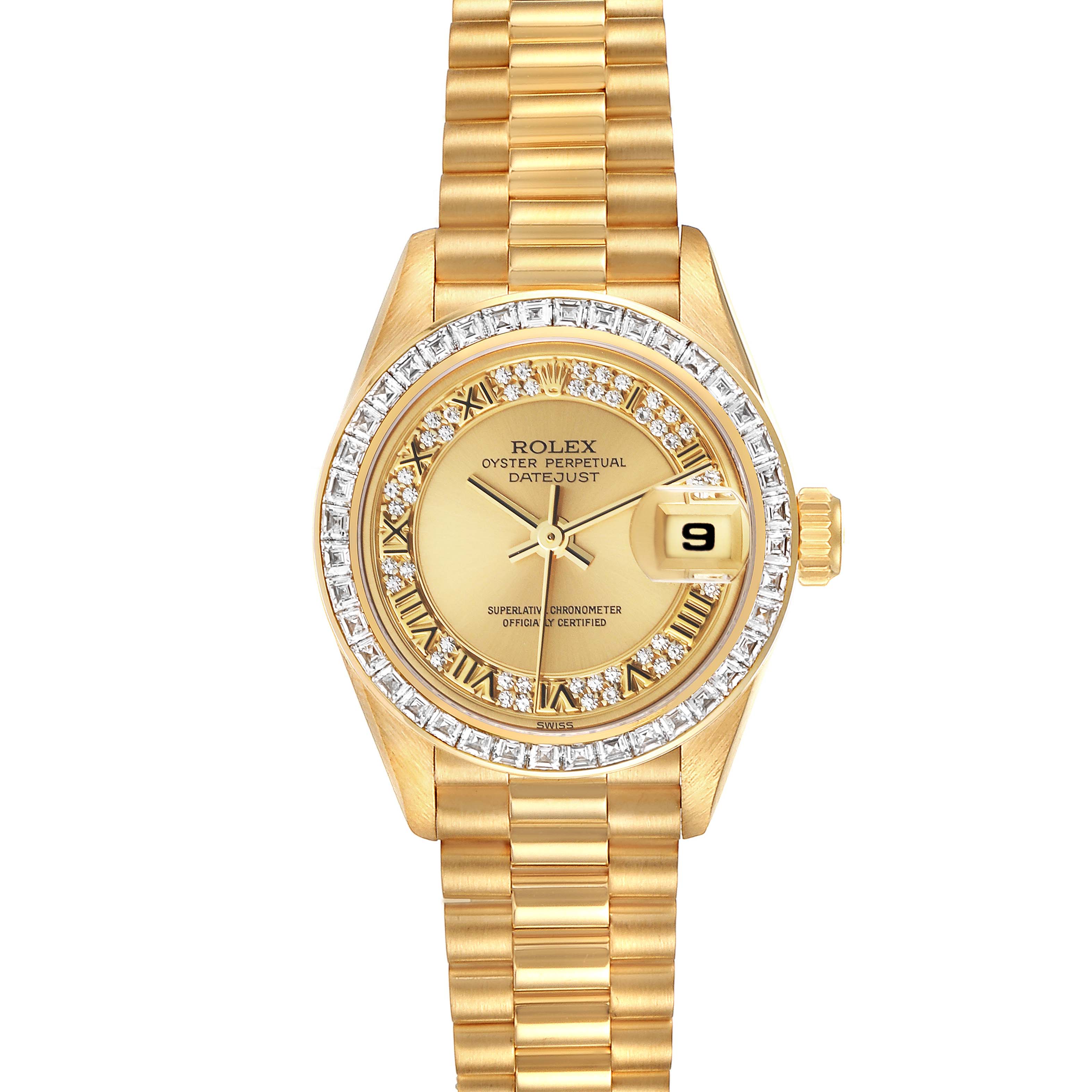 This image shows a front view of a Rolex President 69128 Women
s Yellow Gold Champagne Dial 69128 Women
s Yellow Gold Champagne Dial model watch, highlighting its gold bracelet, diamond bezel, and date window.