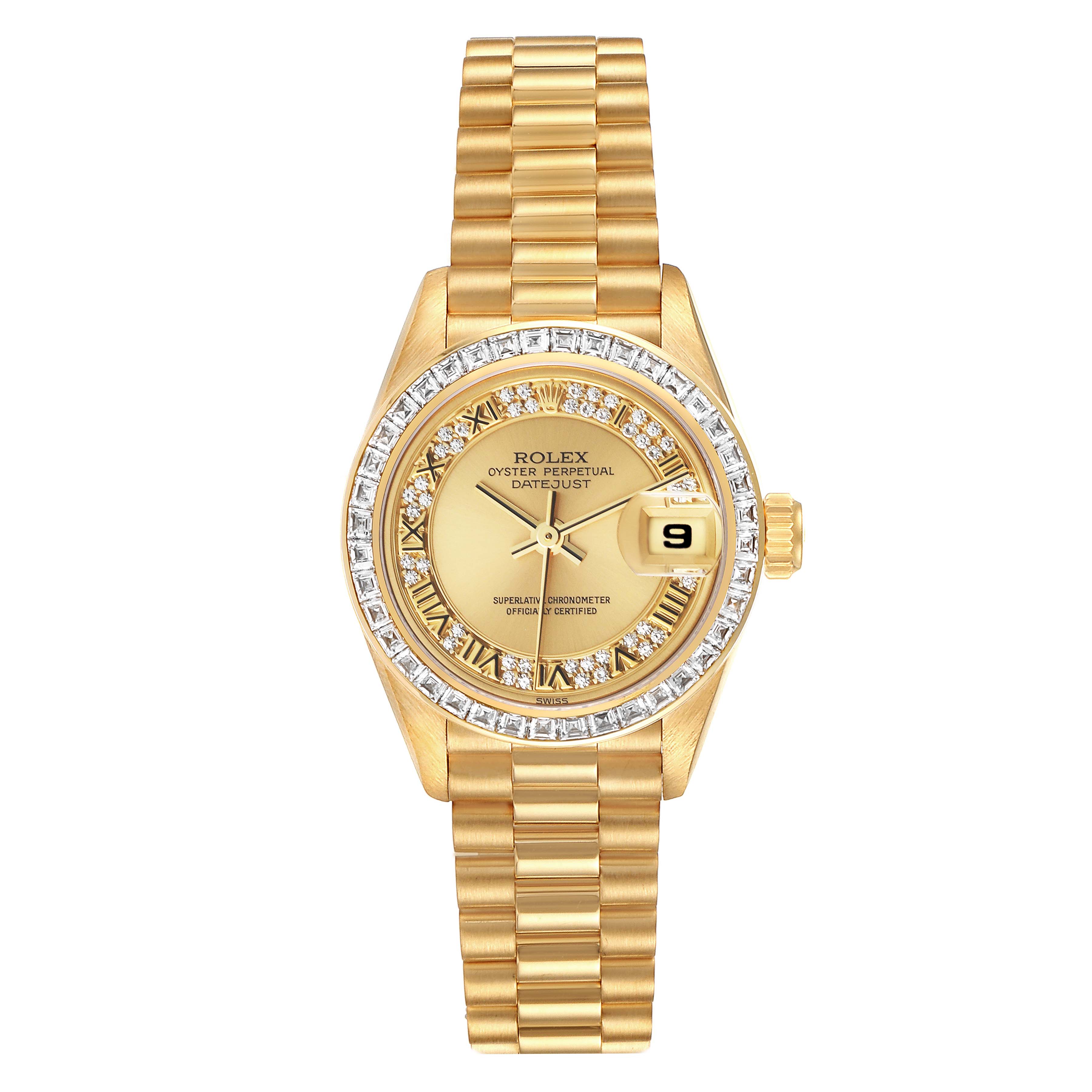 This image shows a frontal view of a Rolex President 69128 Women
s Yellow Gold Champagne Dial 69128 Women
s Yellow Gold Champagne Dial model watch, showcasing its face, bezel, and bracelet.