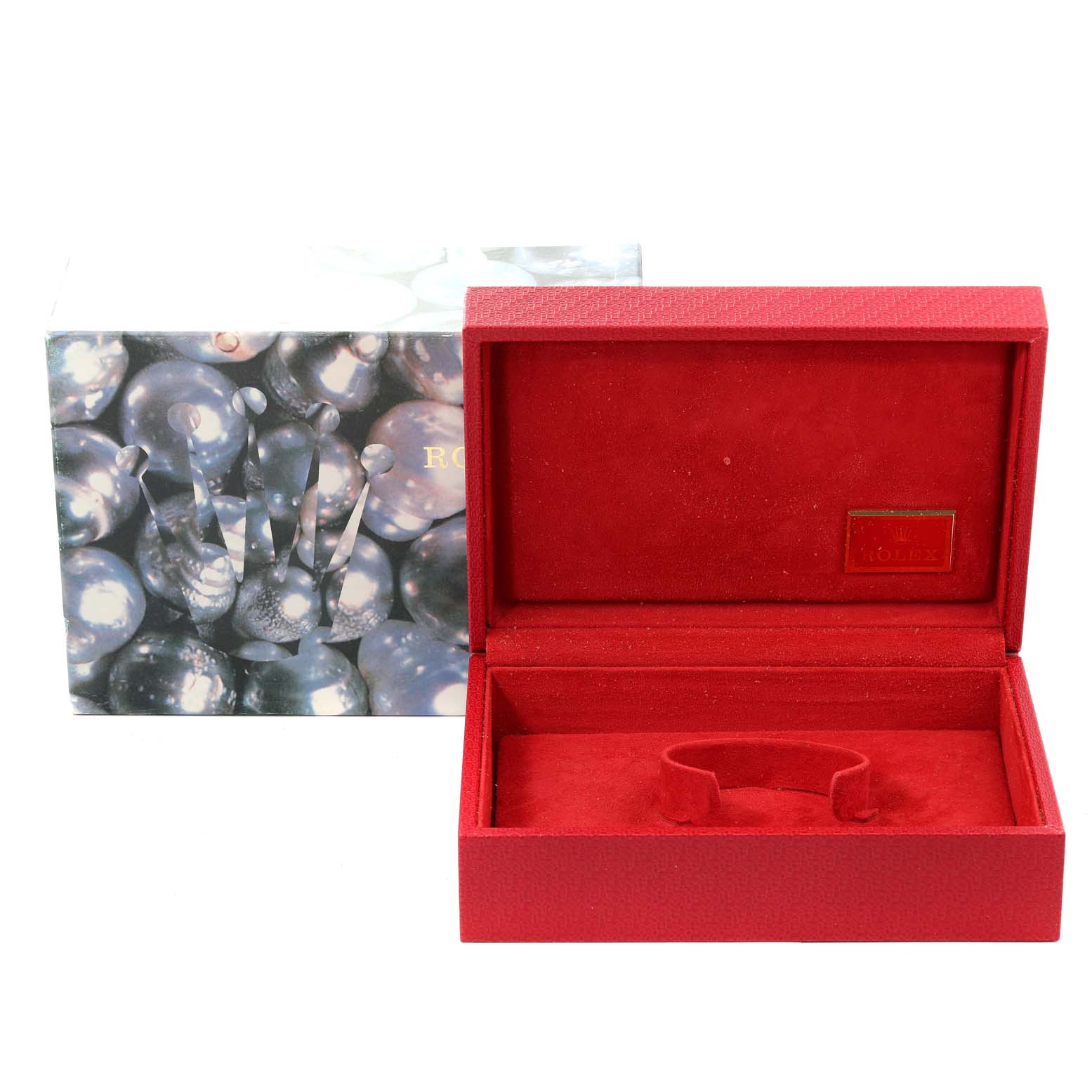 This image shows an empty red Rolex President 69128 Women
s Yellow Gold Champagne Dial 69128 Women
s Yellow Gold Champagne Dial watch box, with an outer box featuring a bubble-like design.