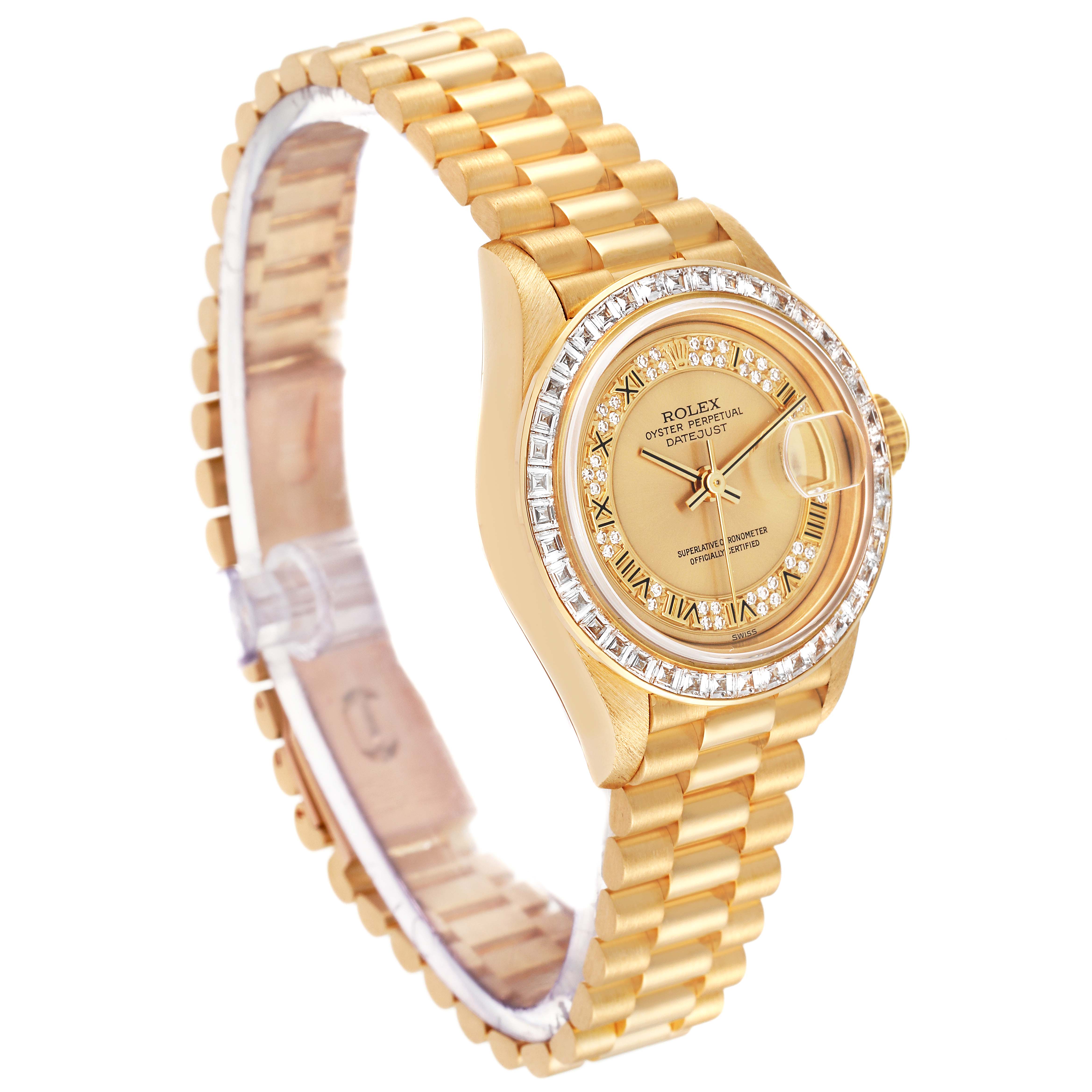 This image shows a side-angle view of a gold Rolex President 69128 Women
s Yellow Gold Champagne Dial 69128 Women
s Yellow Gold Champagne Dial model watch, featuring its band, face, and bezel.