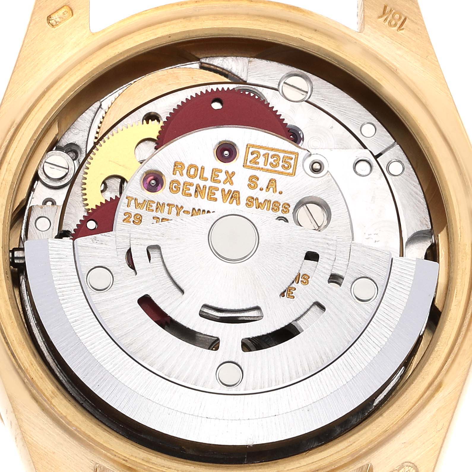 This image shows the intricate inner movement mechanism of the Rolex President 69128 Women
s Yellow Gold Champagne Dial 69128 Women
s Yellow Gold Champagne Dial model watch.