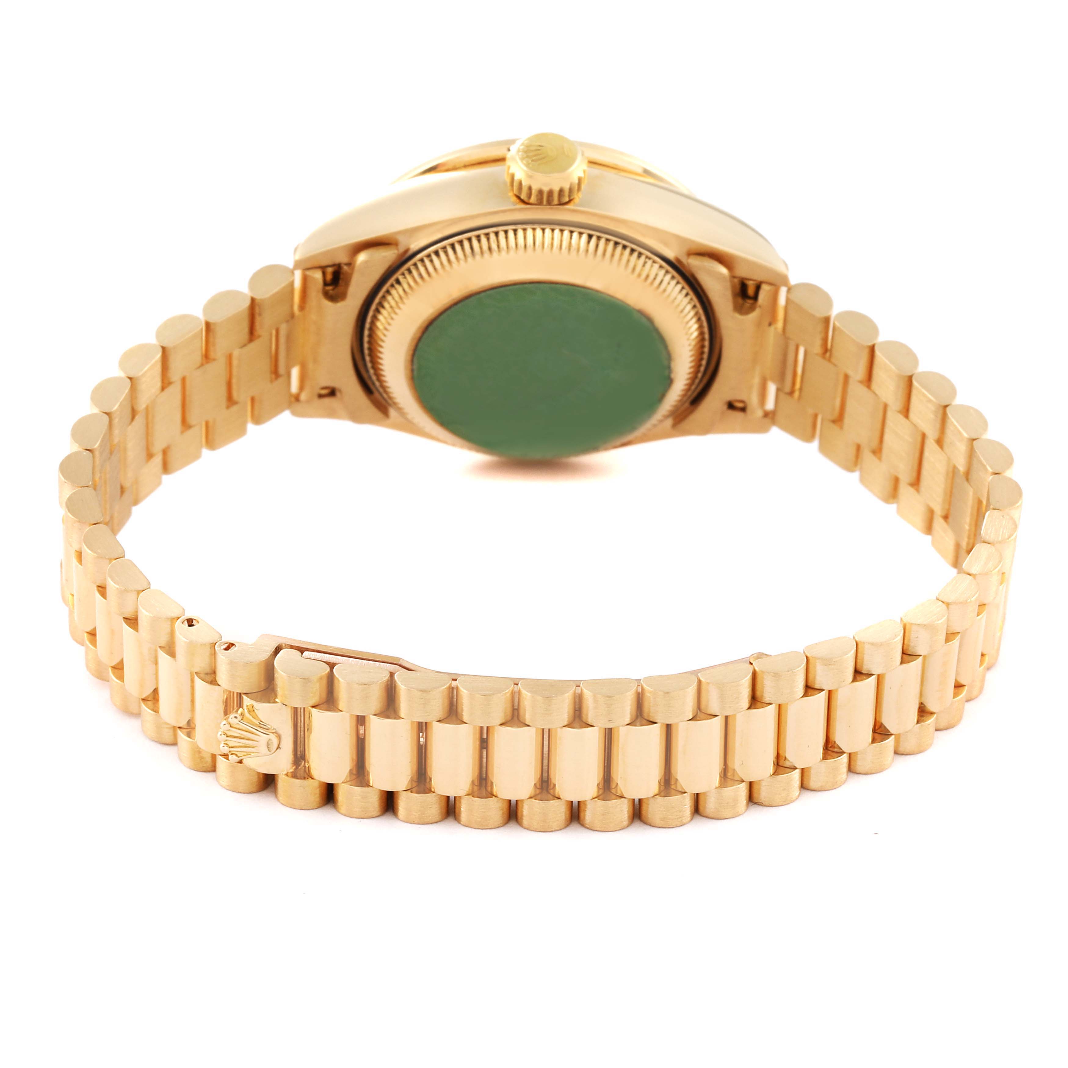 The image shows the back view of a Rolex President 69128 Women
s Yellow Gold Champagne Dial 69128 Women
s Yellow Gold Champagne Dial model watch focusing on its bracelet and clasp.