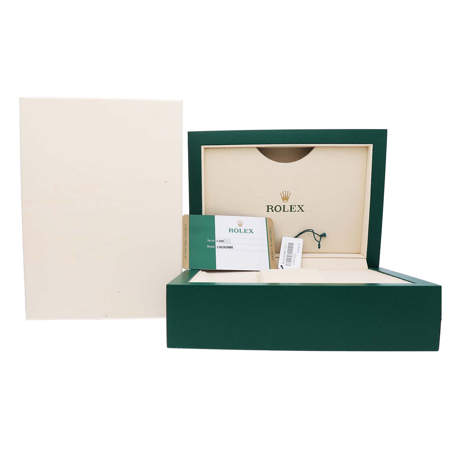 The image shows a Rolex Datejust 126283RBR Men's Steel and Gold (two tone) Silver Dial watch box with the outer packaging, warranty card, and tag visible.