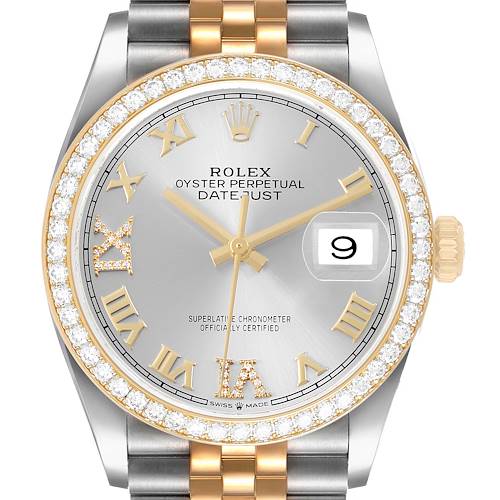 The Rolex Datejust 126283RBR Men's Steel and Gold (two tone) Silver Dial watch is shown from a top-down angle, highlighting its diamond bezel, dial, and part of the bracelet.