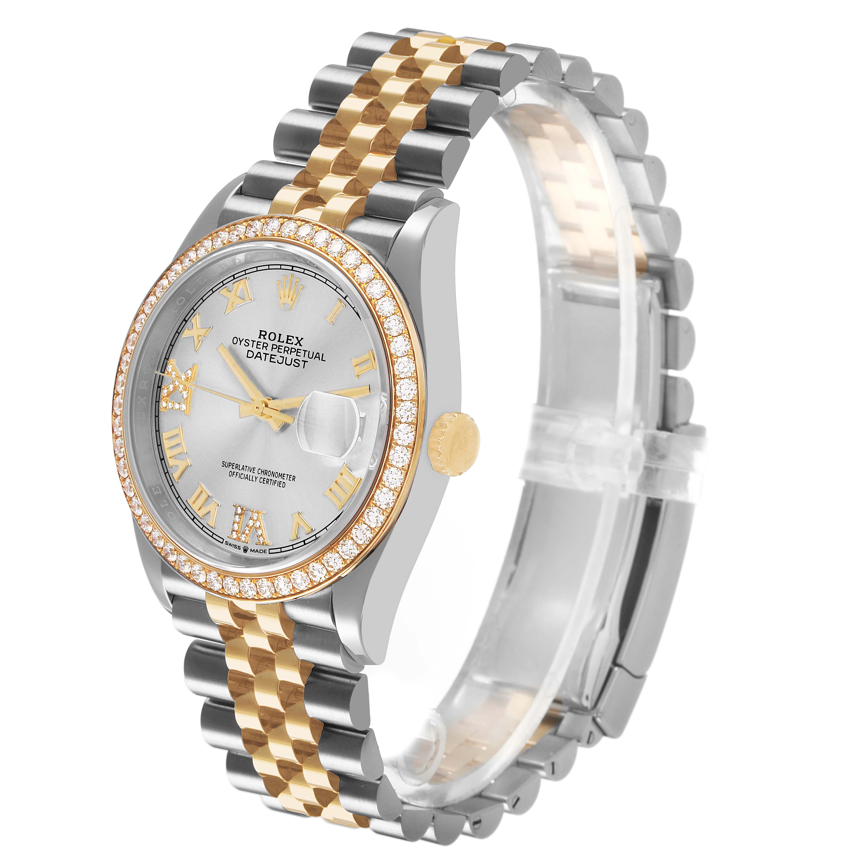 The Rolex Datejust 126283RBR Men's Steel and Gold (two tone) Silver Dial watch is shown at a three-quarter angle, highlighting the bezel, dial, and bracelet.